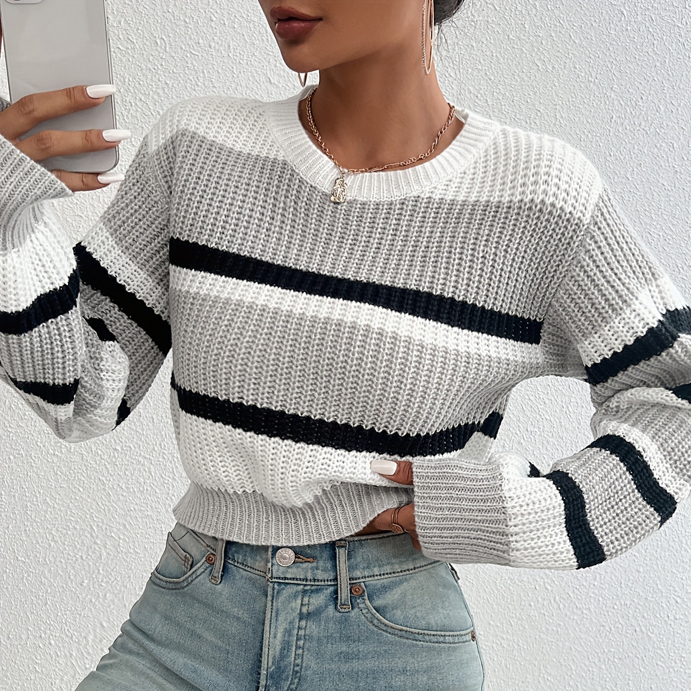 

Crop Colorblock Knitted Drop Shoulder Sweater, Casual Crew Neck Long Sleeve Sweater, Women's Clothing