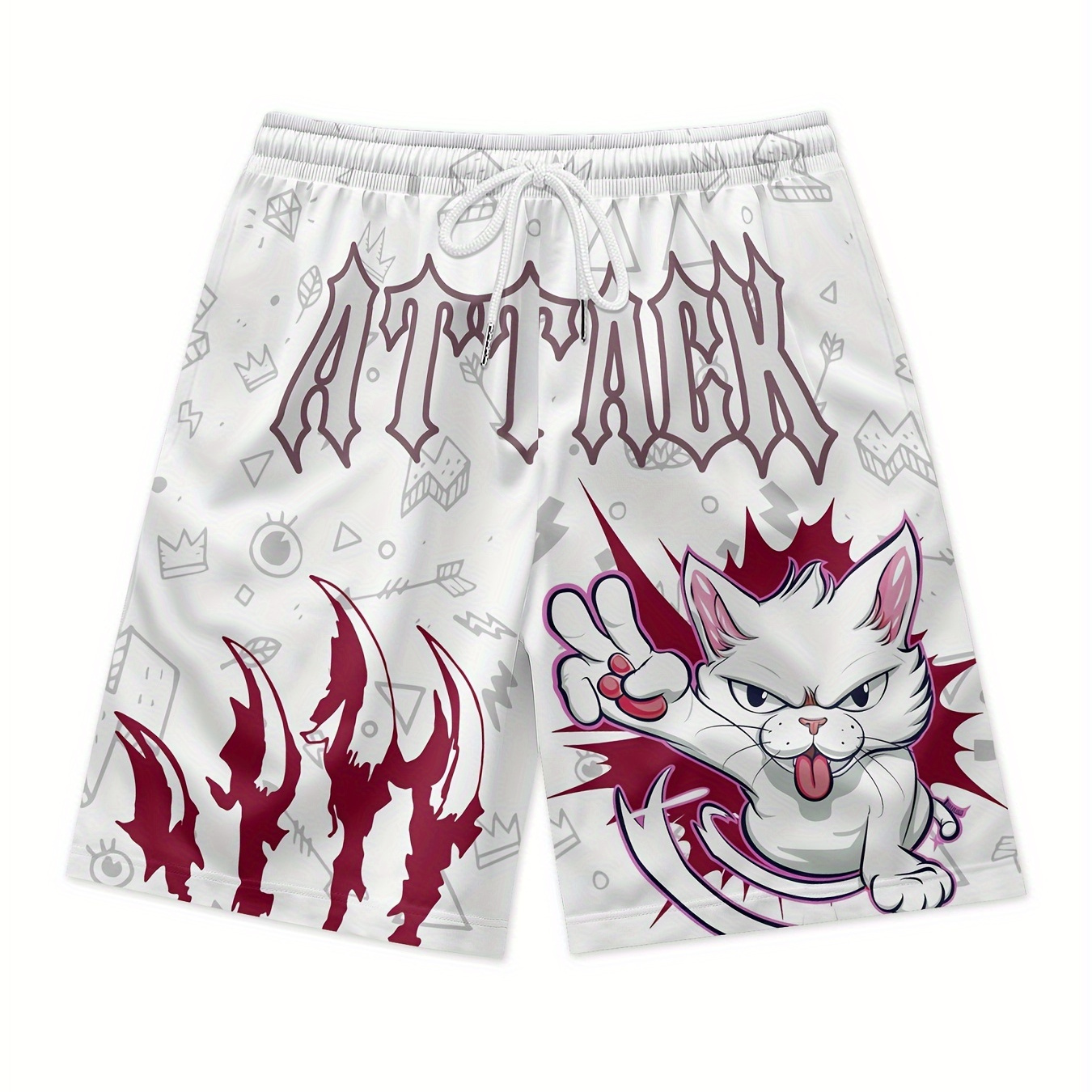 

Attack Cat Print White Waist Shorts For Men Quick Dry Breathable Polyester Beach Board Shorts Streetwear Shorts Clothing Bottoms