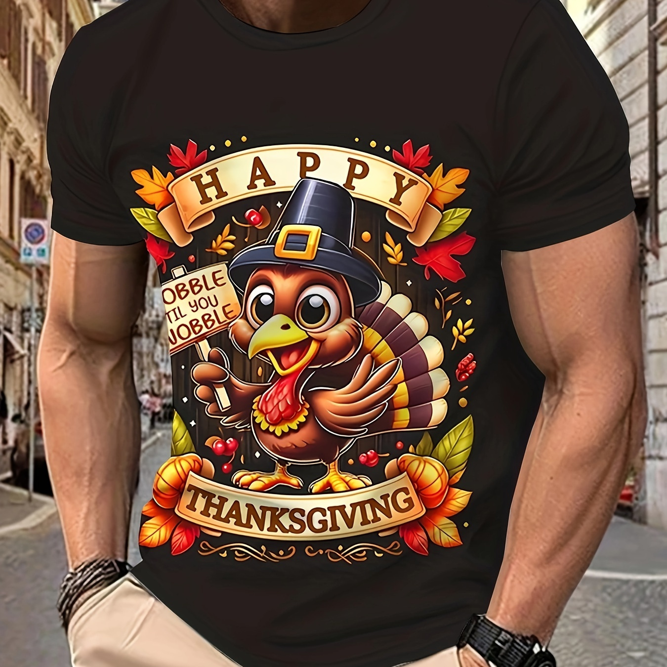 

Happy Thanksgiving Turkey 3d Print T-shirt For Men, Casual Crew Neck Knit Fabric Tee With Slight Stretch, 100% Polyester Animal Pattern Holiday Top