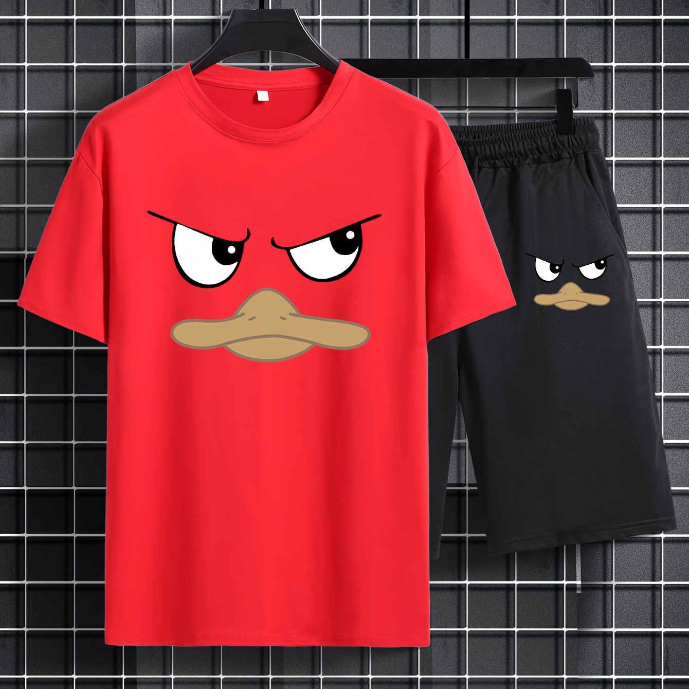 

Plus Size Men's Anime Duck Graphic Print T-shirt & Shorts Set For Summer, Men's Clothing