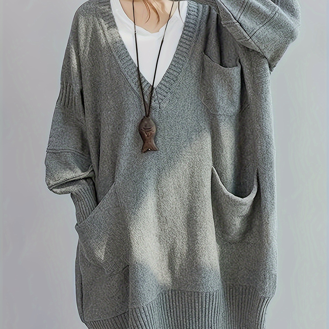 

Size V-neck Pullover Sweater For Women, Viscose Knit, Solid Color, Slight Stretch, For Fall/