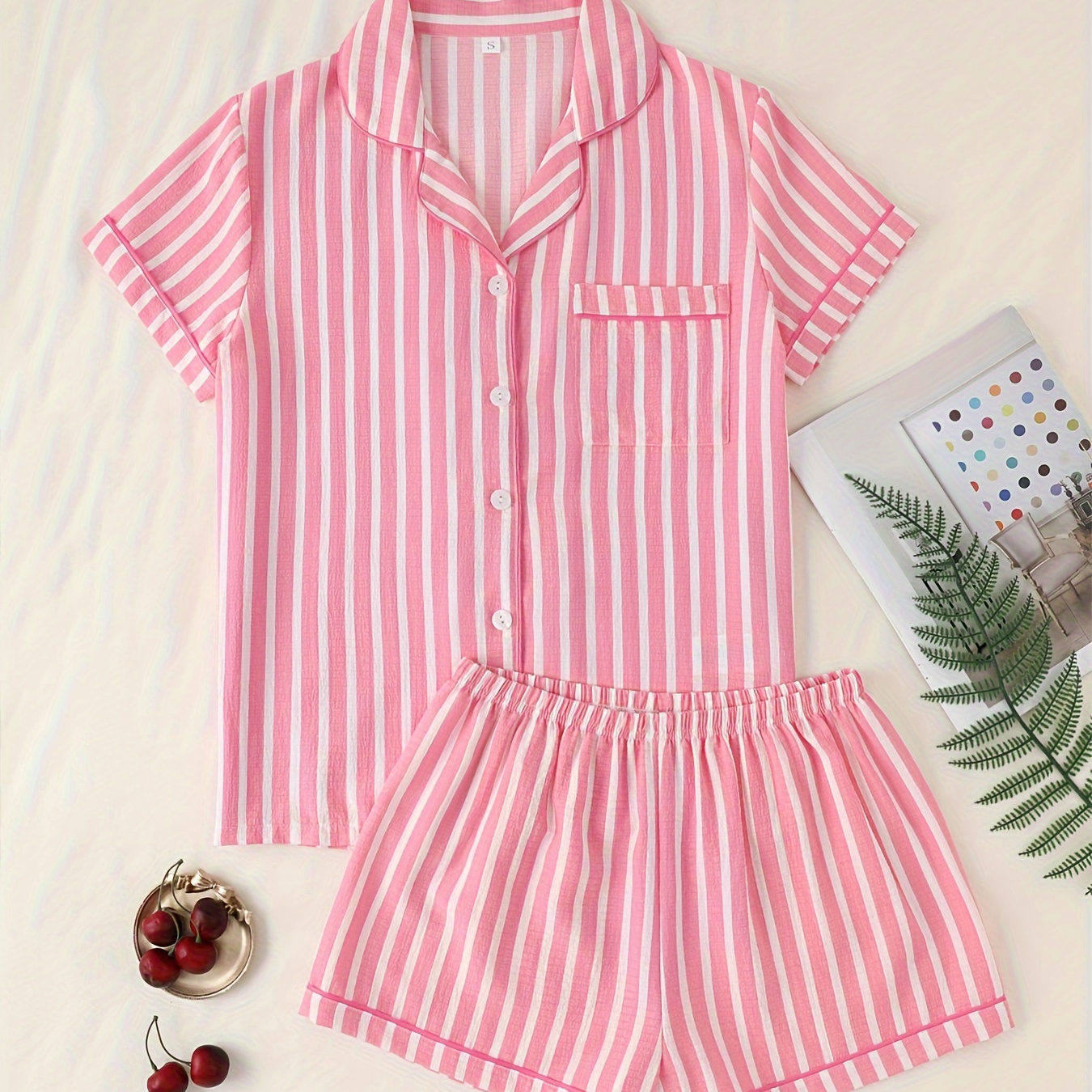 

Casual Stripe Print Textured Pajama Set, Short Sleeve Button Up Lapel Collar Top & Elastic Shorts, Women's Sleepwear & Loungewear