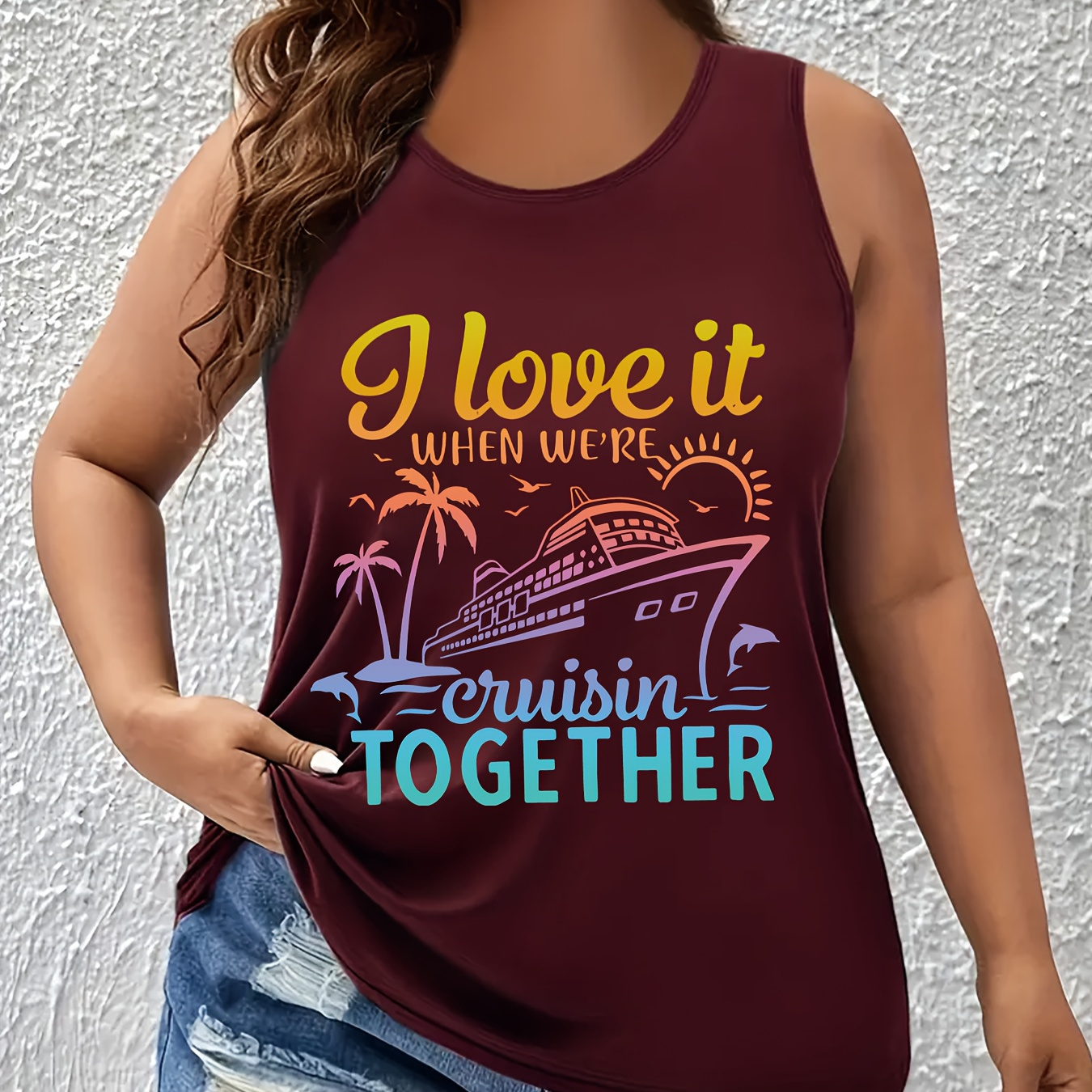 

Women's Plus Size Top With Gradient Ship & Letter Design - Casual, Stretchy Polyester , Machine Washable - Spring/summer/fall