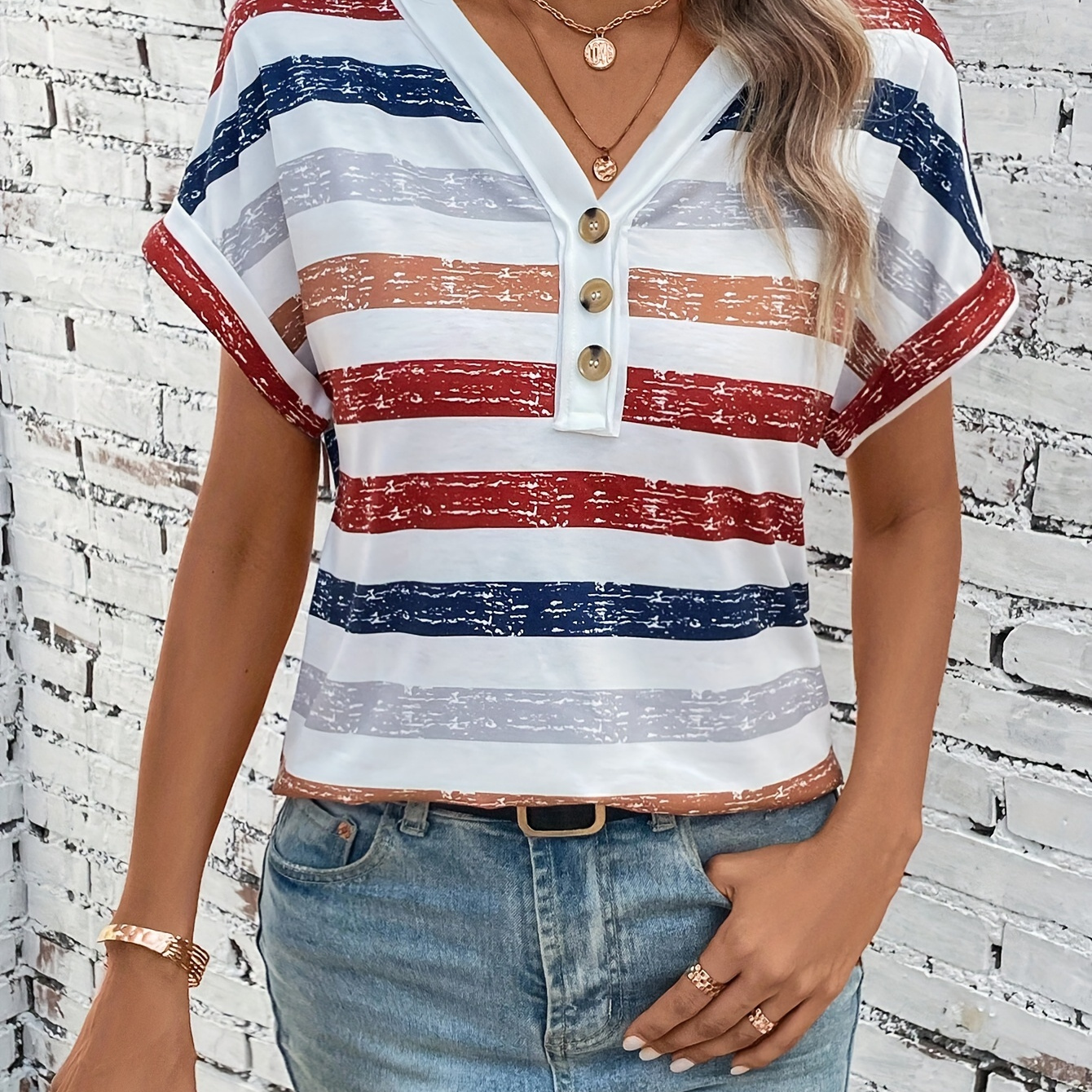 

Women's Striped Print Batwing V-neck T-shirt, 95% Polyester 5% Elastane, Knit Fabric, Regular Length, All , Button Detail - 180gsm