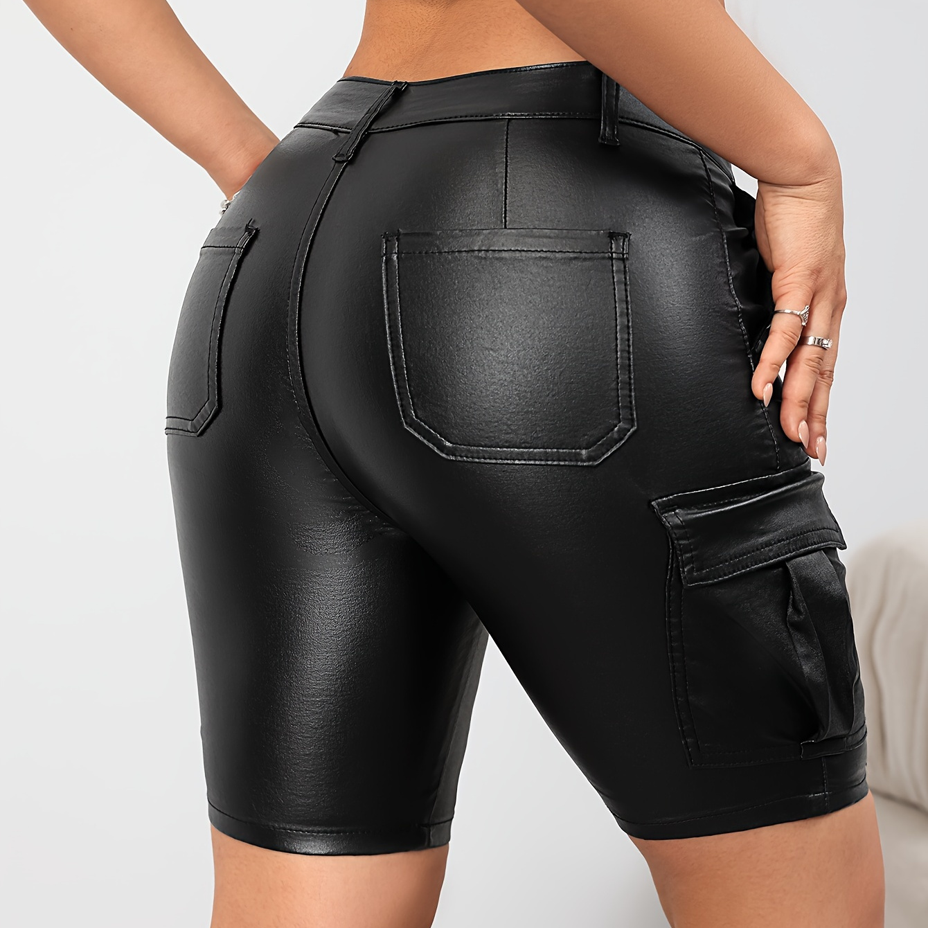 

Women's Black Color Plain Pu Leather Coated Slash Pocket Denim Shorts, Casual Style, Fashionable Summer Wear