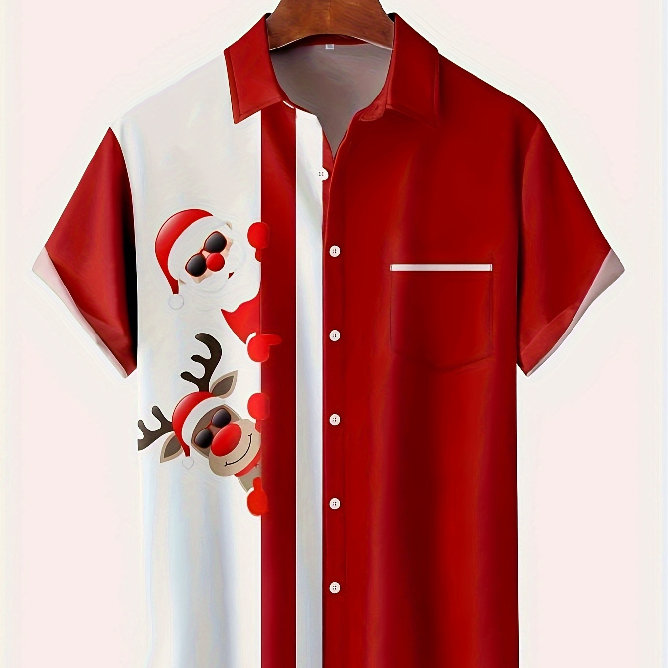 

Christmas Santa Claus And Elk 3d Digital Print Men's Button Pocket Lapel Short Sleeved Button Down Shirt, Vintage Contrast Color Design Pocket Shirt For Men