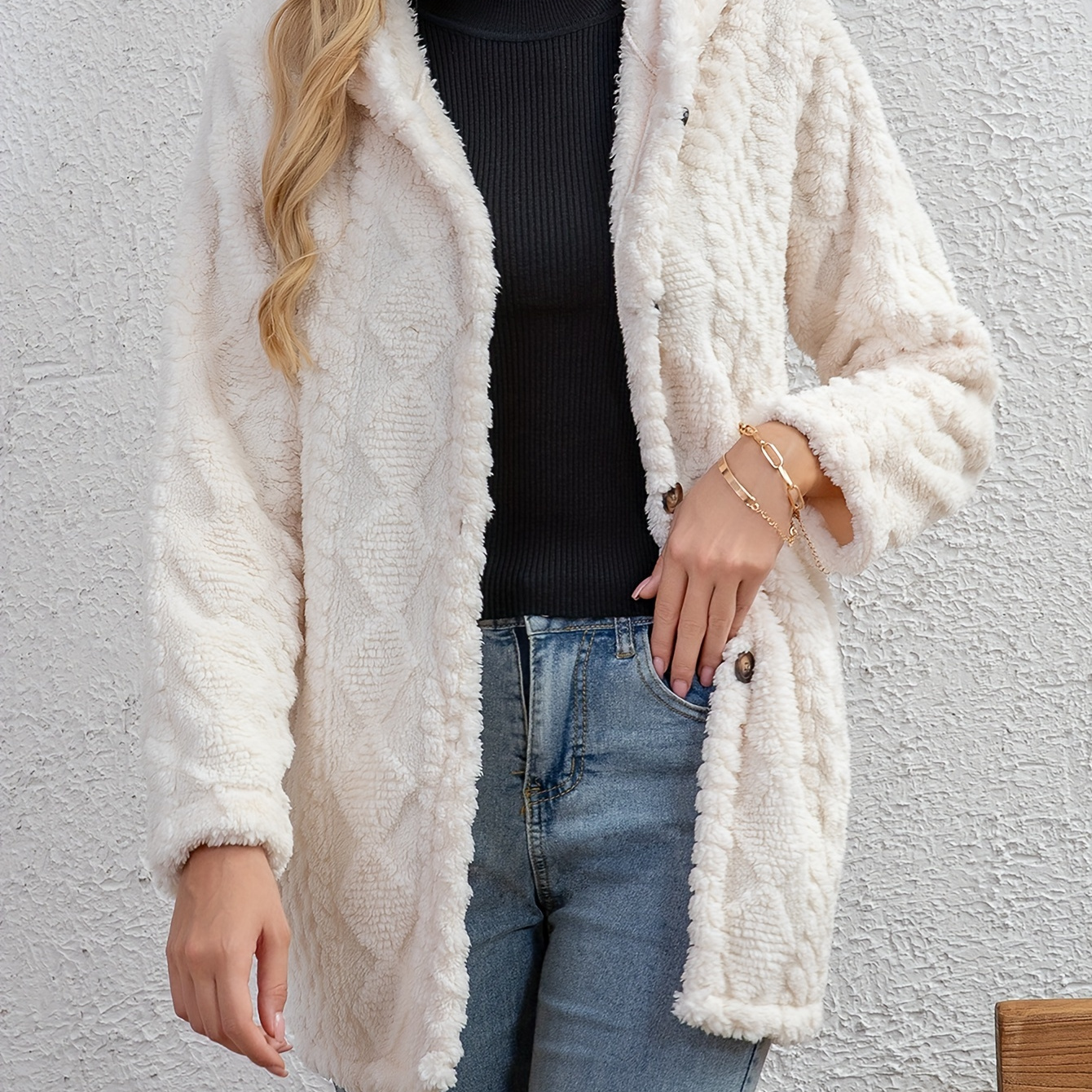 

Cable Knit Fuzzy Button Decor Coat, Stylish Solid Color Long Sleeve Coat For Winter & Fall, Women's Clothing