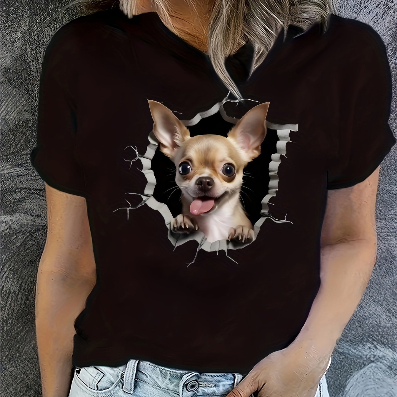 

Dog Print T-shirt, Short Sleeve Crew Neck Casual Top For Summer & Spring, Women's Clothing