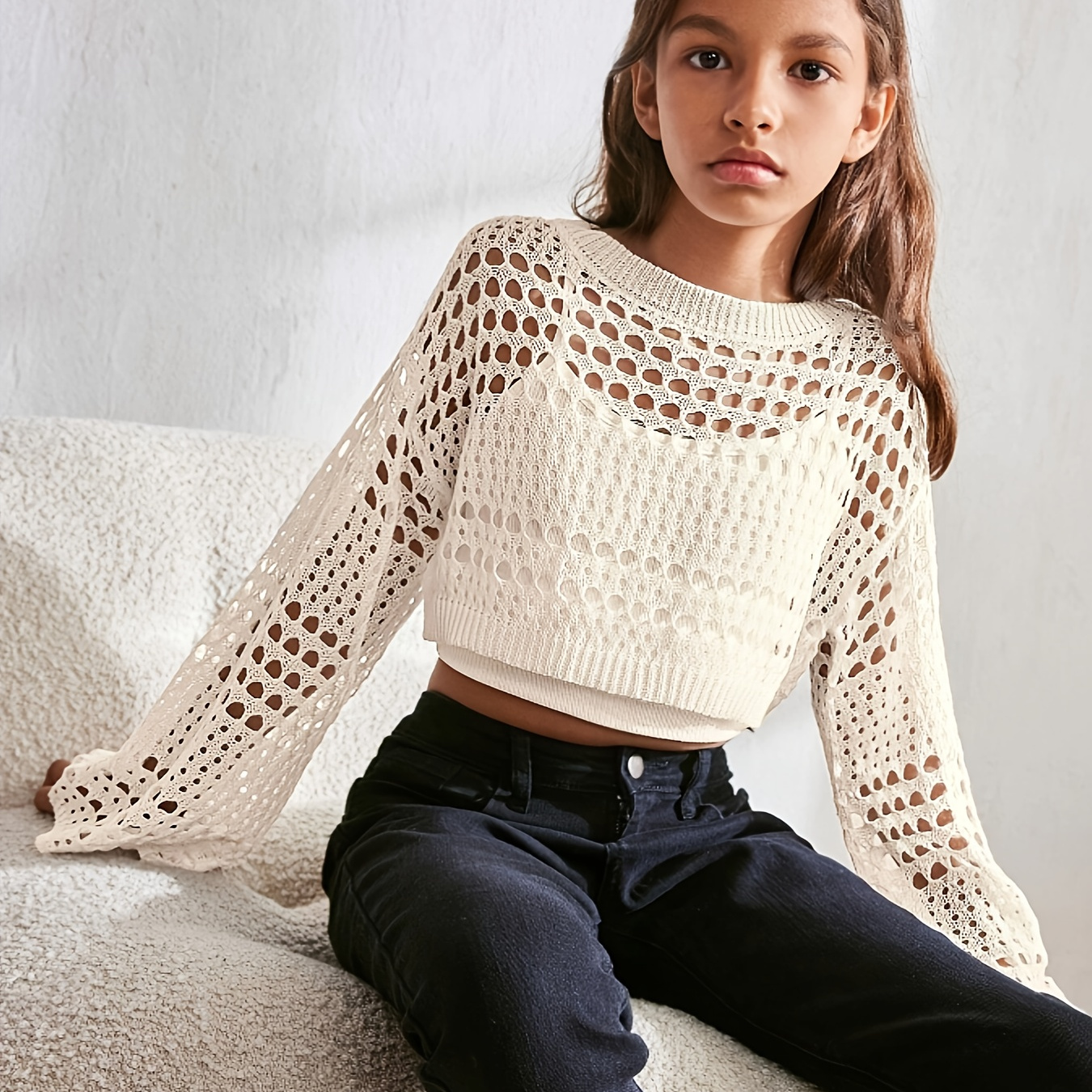 Girls' Bohemian Style Crochet Knit Sweater