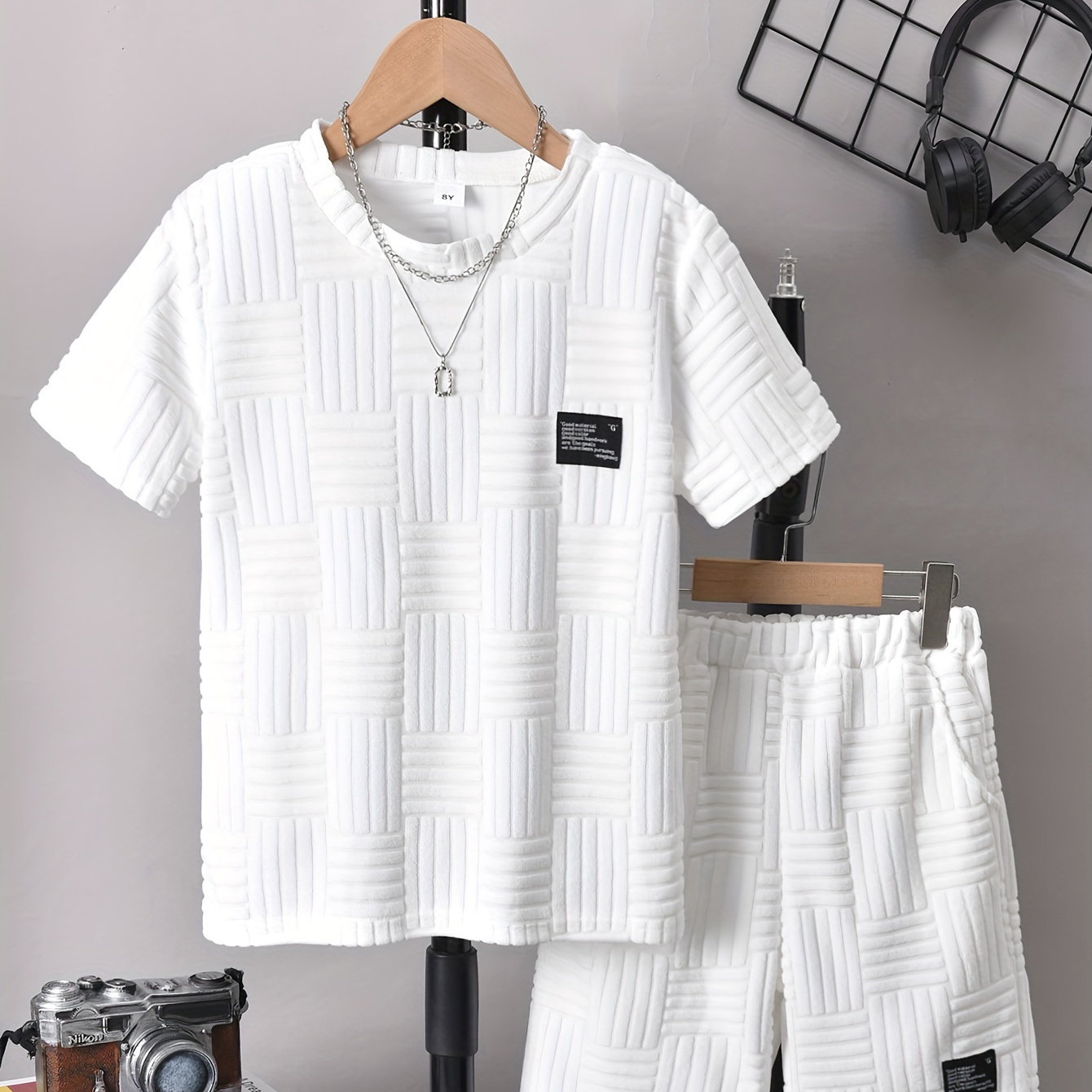 TEMU 2pcs Boys Casual Solid Textured Short Sleeve T-shirt & Shorts Set, Comfy Summer Boys Clothes