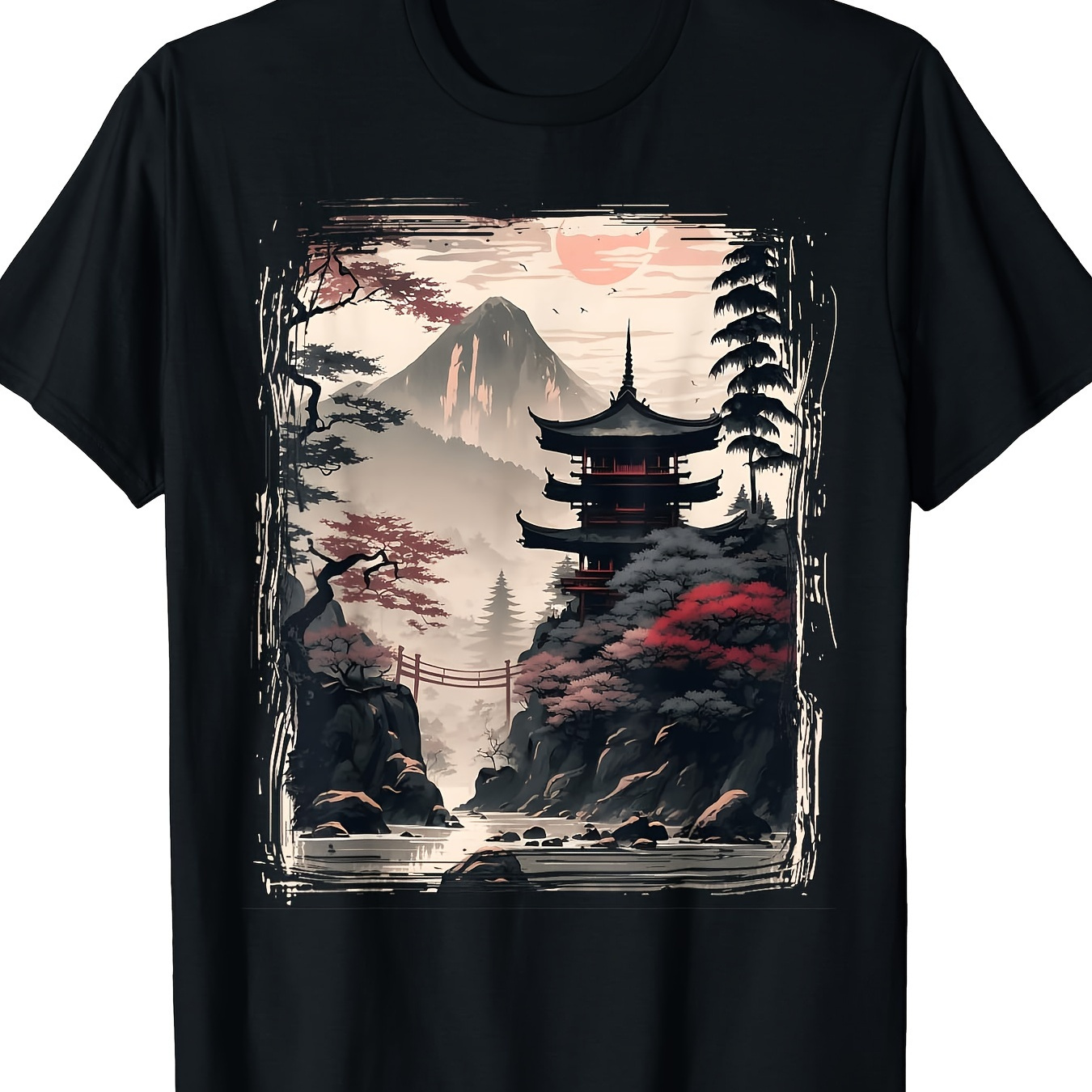 

Vintage Japanese Flower Tee Mountain View Landscape Graphic T-shirt - 220g