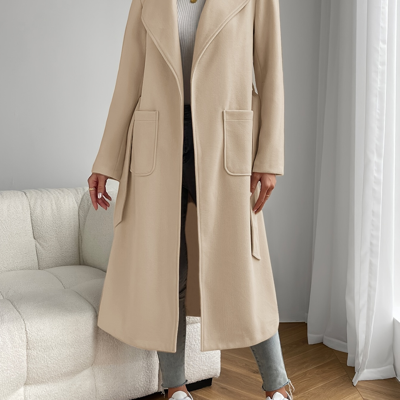 

Patched Pocket Long Length Trench Coat, Elegant Solid Color Long Sleeve Outerwear, Women's Clothing