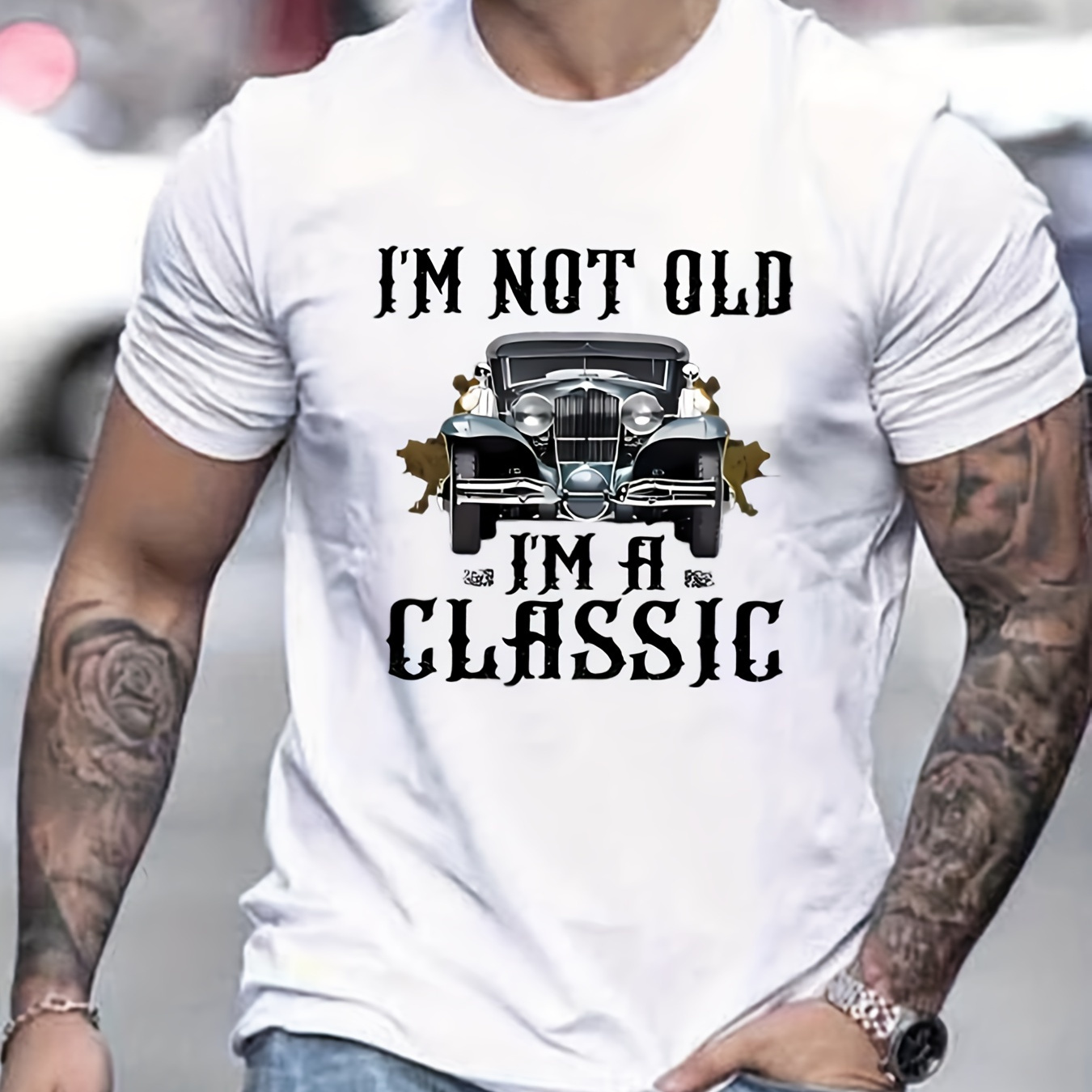 

Car & Funny Not Old Slogan Pattern Print Men's T-shirt, Graphic Tee Men's Summer Clothes, Men's Outfits