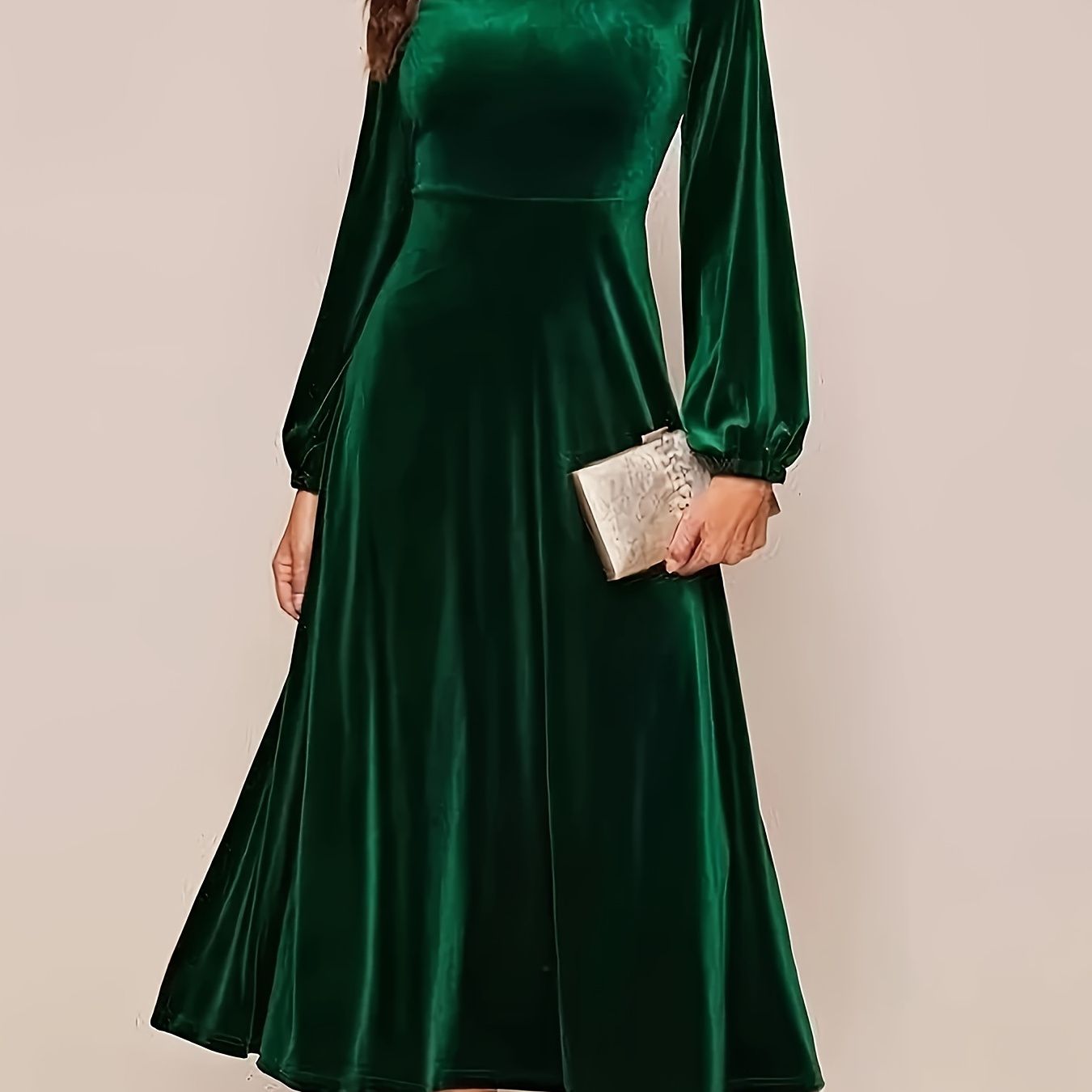 

1pc Elegant Polyester Velvet Maxi Dress For Women - Solid Color Crew Neck With Flared A-line Bell Sleeves, Knit Fabric Dress For All