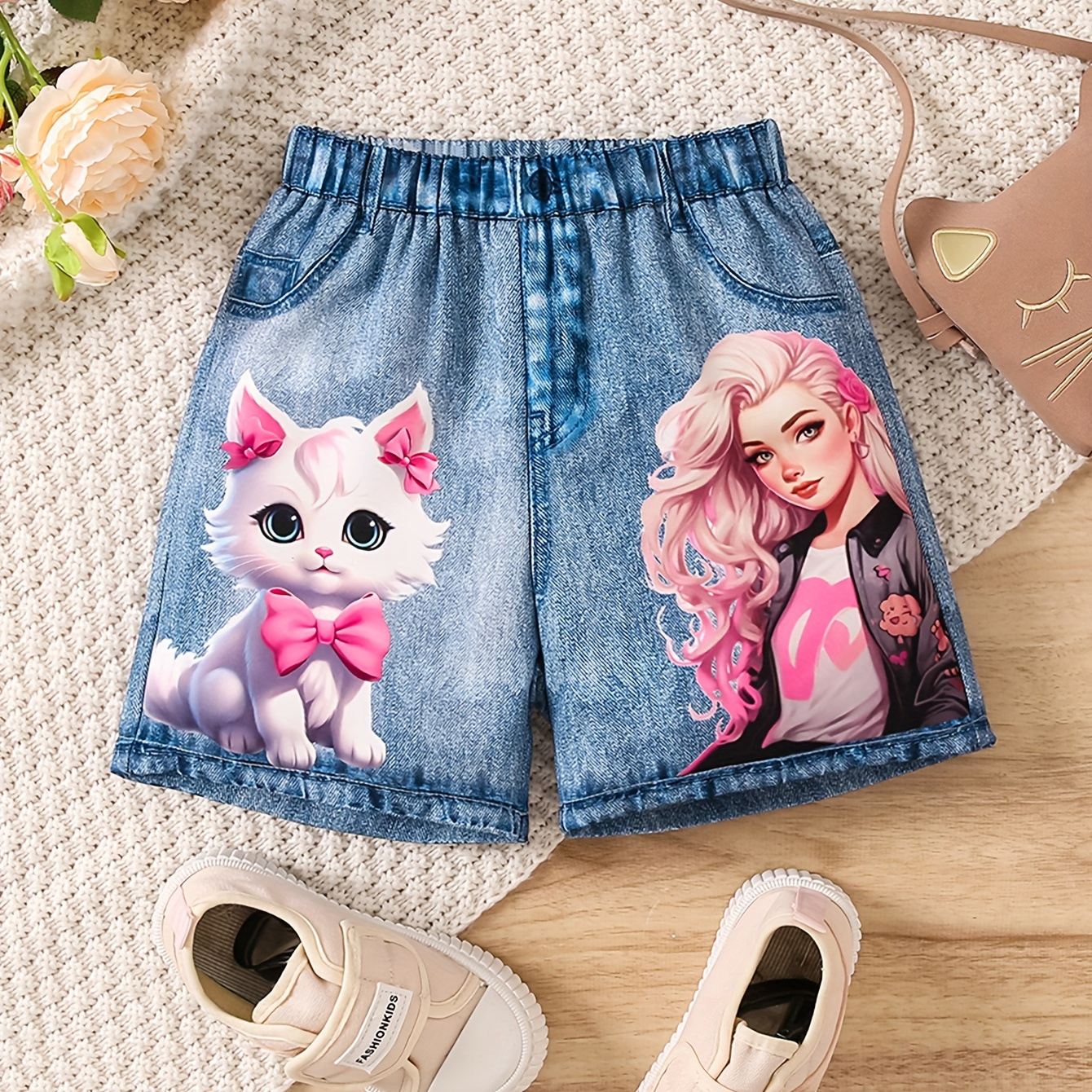 

Cartoon Cat And Character Graphic Imitation Denim Faux Pocket Pattern Shorts For Girls, Cute Stylish Summer Wear