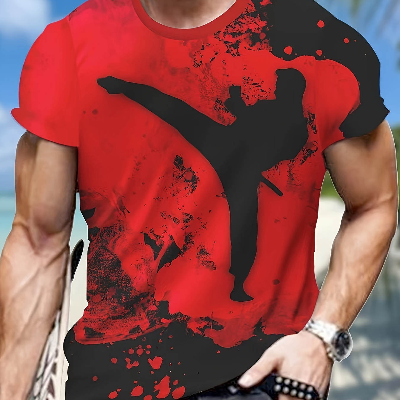 

Men's Kungfu Graphic Print T-shirt, Short Sleeve Crew Neck Tee, Men's Clothing For Summer Outdoor