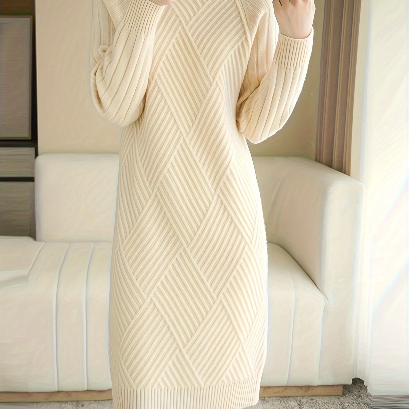 

Autumn And Winter Knitted High Collar Plain Color Sweater Dress For Women, Mid-long Sweater Skirt, Loose Fit, Thickened Sweater Dress