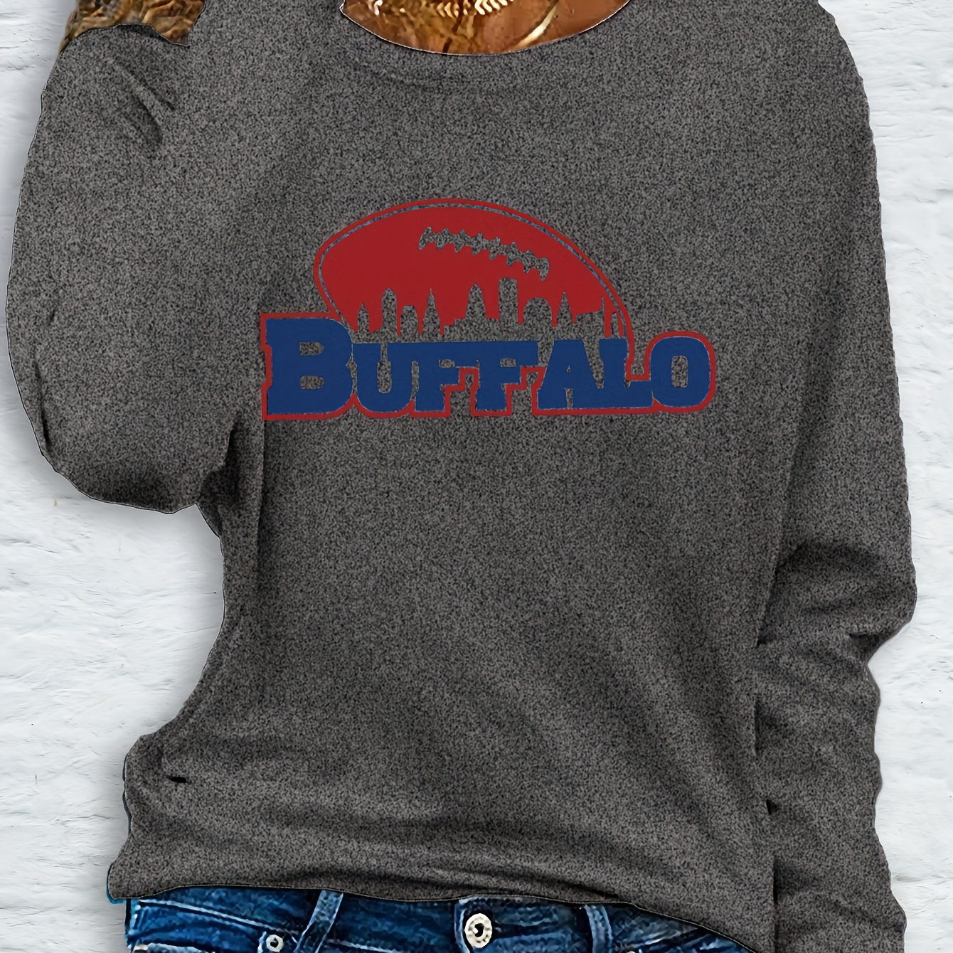 

Buffalo Football Women's Long Sleeve T-shirt, Casual Round Neck, Polyester Knit, Regular Length, Autumn/ Top