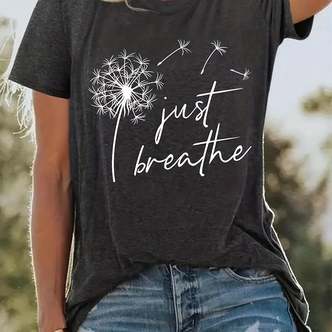 

Just Breathe Dandelion Print T-shirt, Casual Crew Neck Short Sleeve T-shirt, Women's Clothing