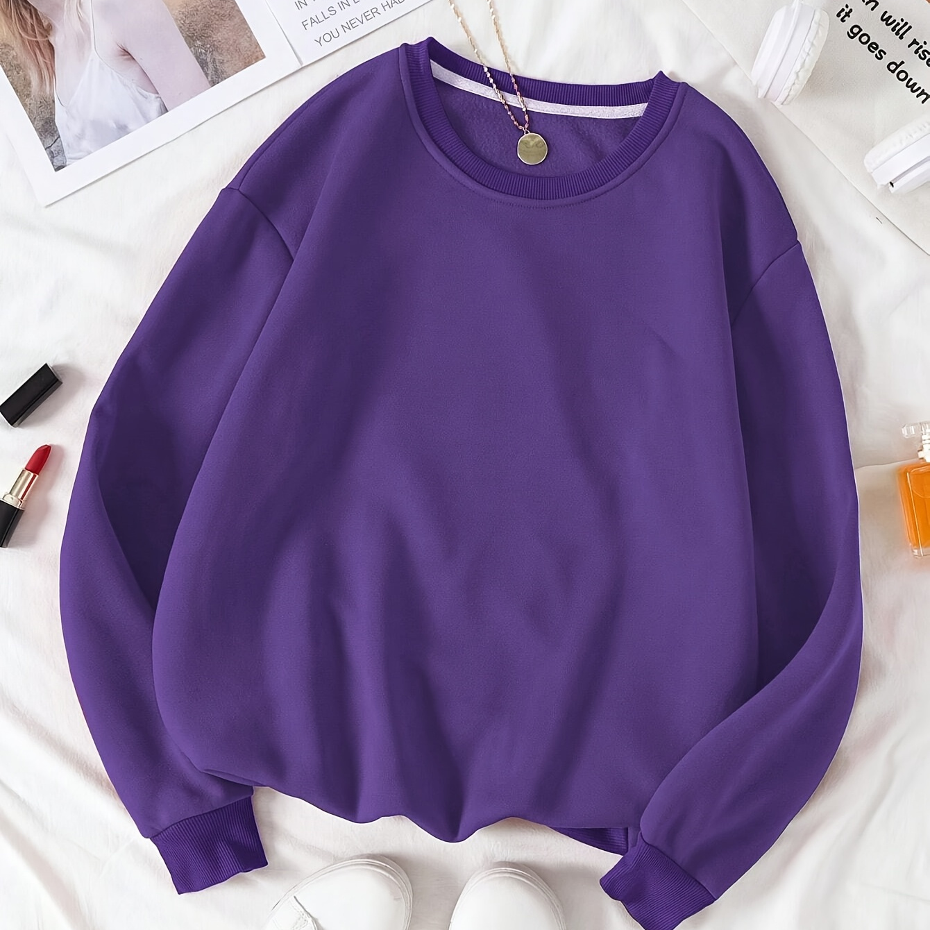 

1pc Women's Casual Sports Pullover Sweatshirt, Polyester Knit Crew Neck, Solid Color, Stretch Fabric, With 250g/m² Weight For Autumn/