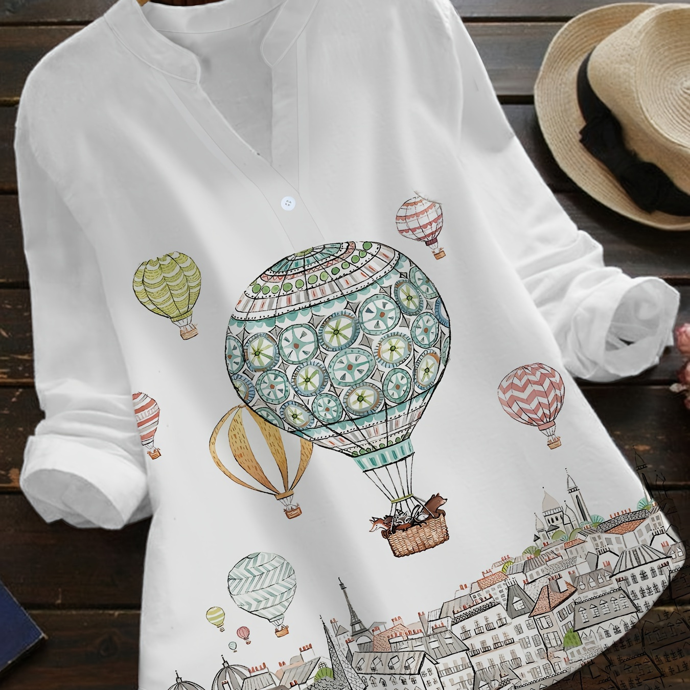 

Plus Size Balloon Print Notch Neck Blouse, Casual Long Sleeve Blouse For Spring & Fall, Women's Plus Size Clothing