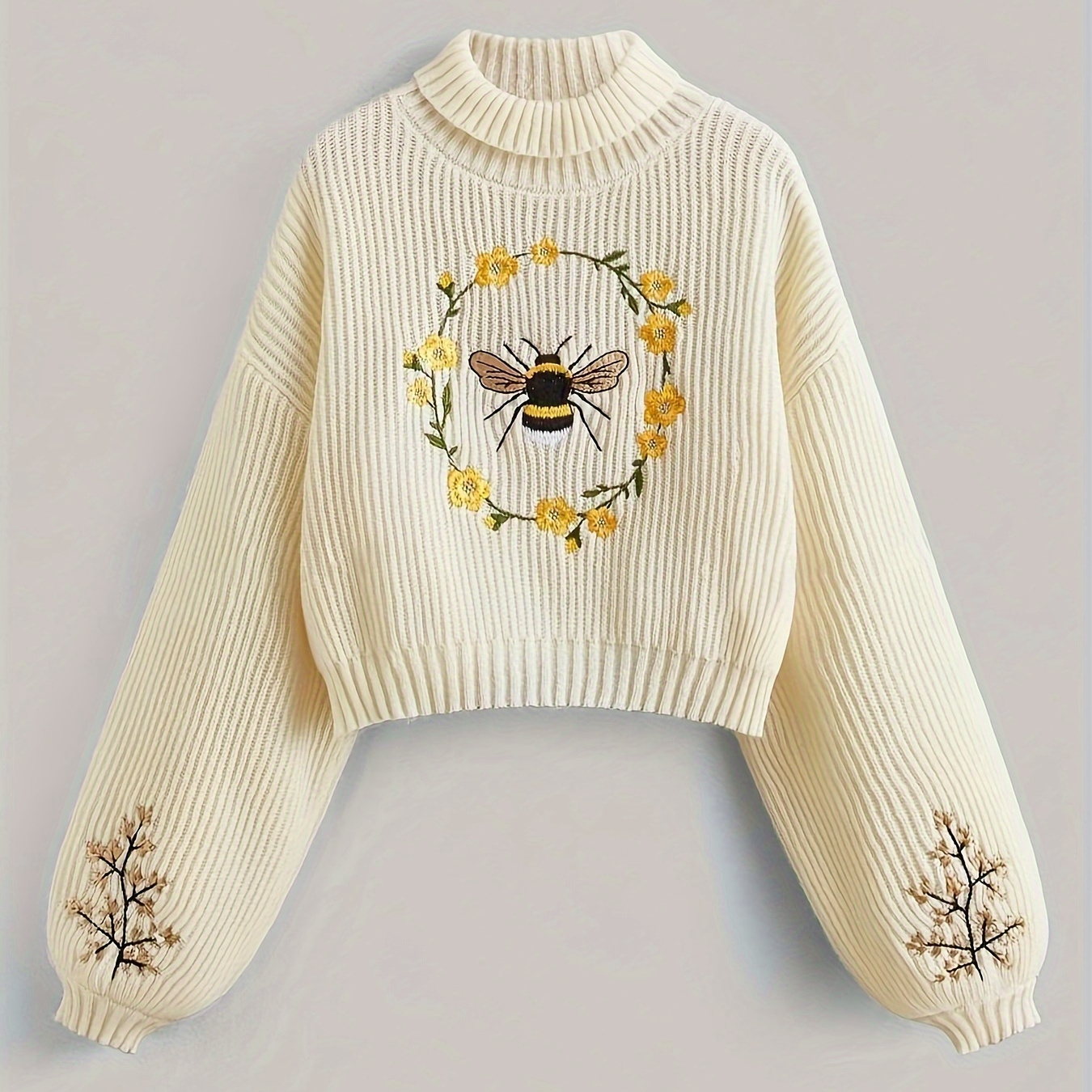

Animal Embroidered Turtle Neck Pullover Sweater, Casual Long Sleeve Knitted Sweater For Fall & Spring, Women's Clothing
