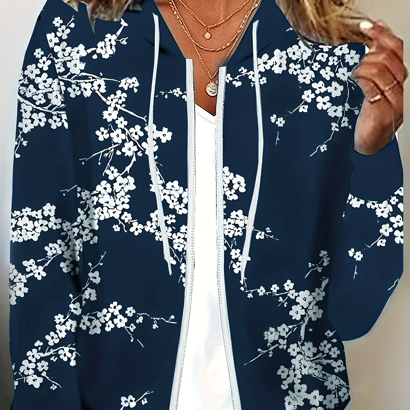 Plus Size Boho Coat, Women's Plus Baroque Print Zip Up Long Sleeve