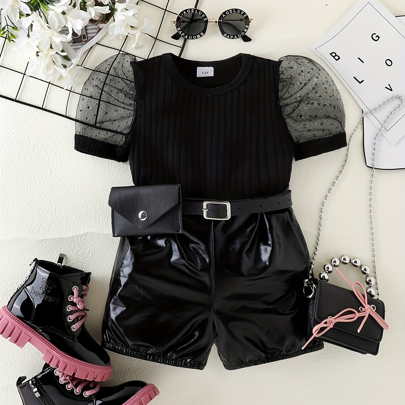 

Cool Girls Trendy Mesh Puff Sleeve Top & Imitation Leather Shorts Two-piece Set