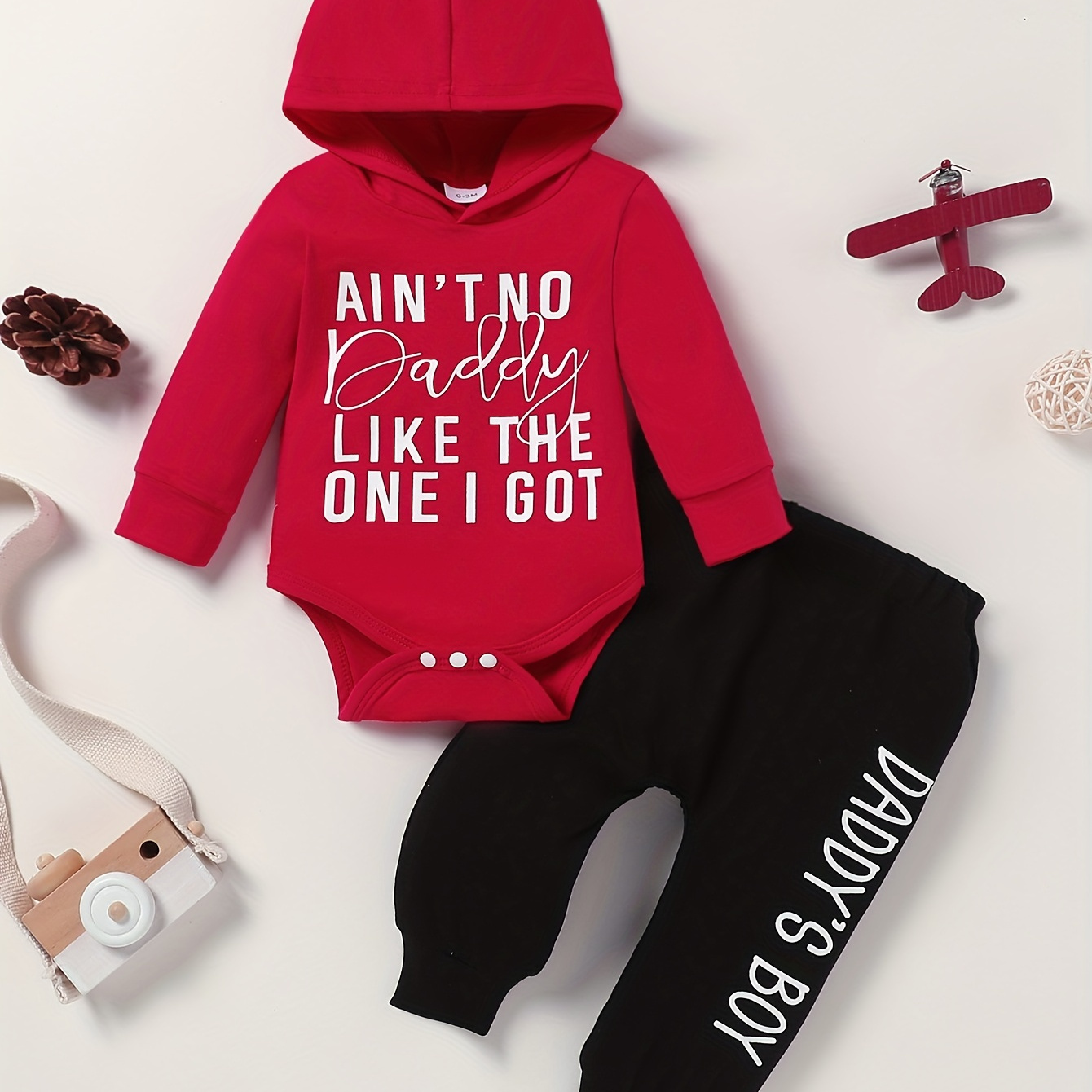 

2pcs Baby's "ain't No Daddy Like The 1 I Got" Print Hooded Set, Bodysuit & Pants, Baby Boy's Clothing, As Gift