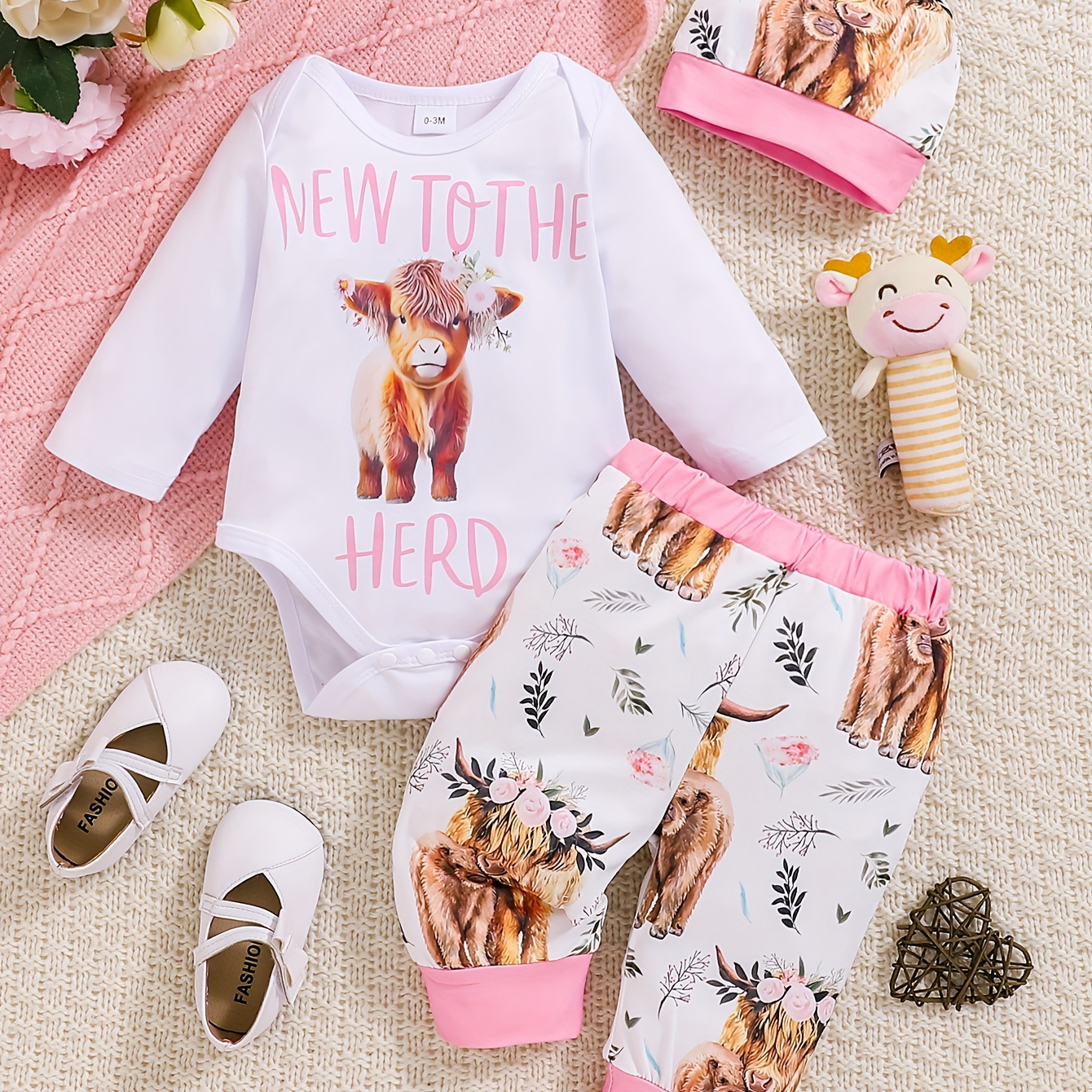 

2pcs 's "new To " Pattern Bodysuit + Hat + Cow Pattern Pants, Toddler & Infant 's Clothing Set, Cloth