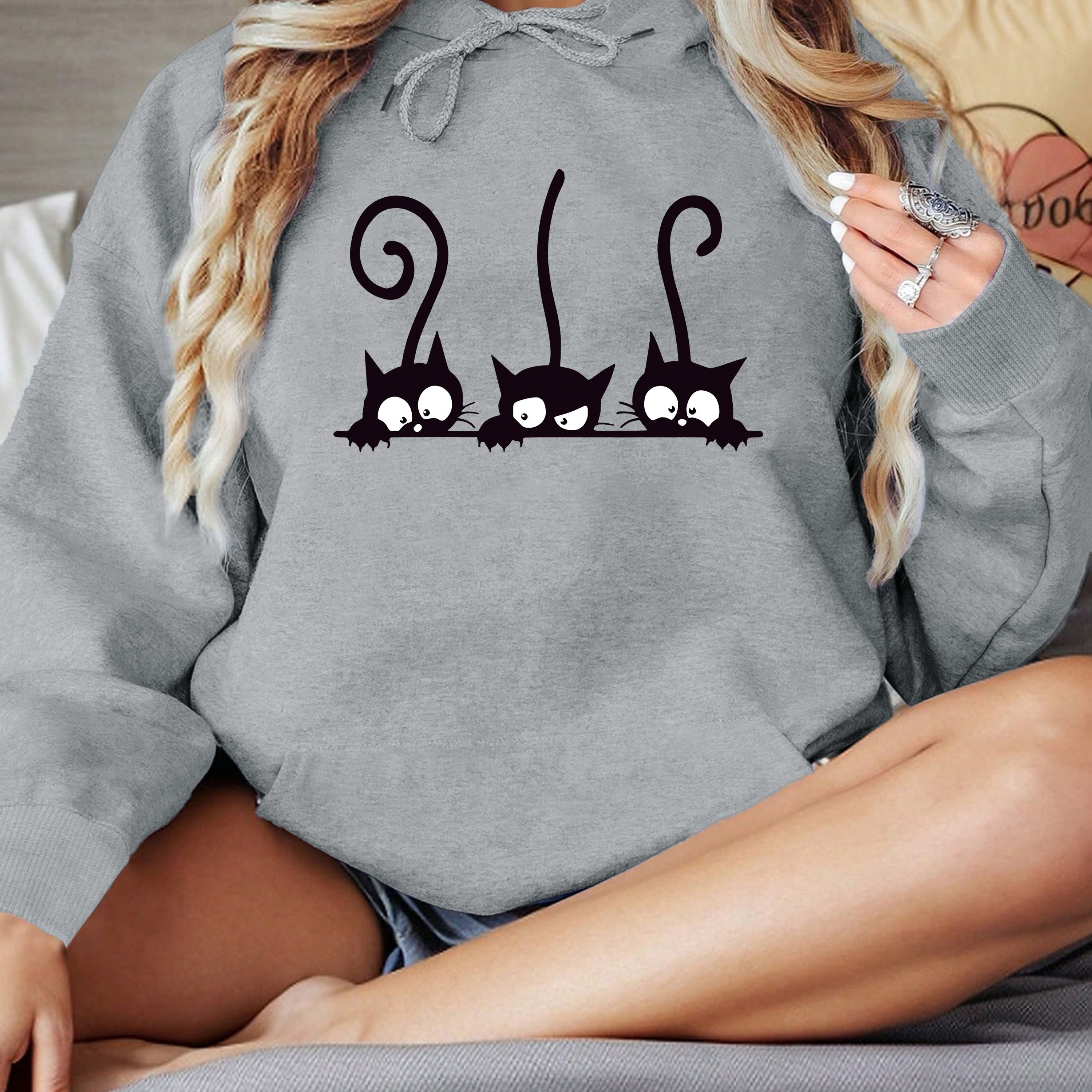 

Cat Print Hoodie, Casual Long Sleeve Kangaroo Pocket Hooded Sweatshirt, Women's Clothing