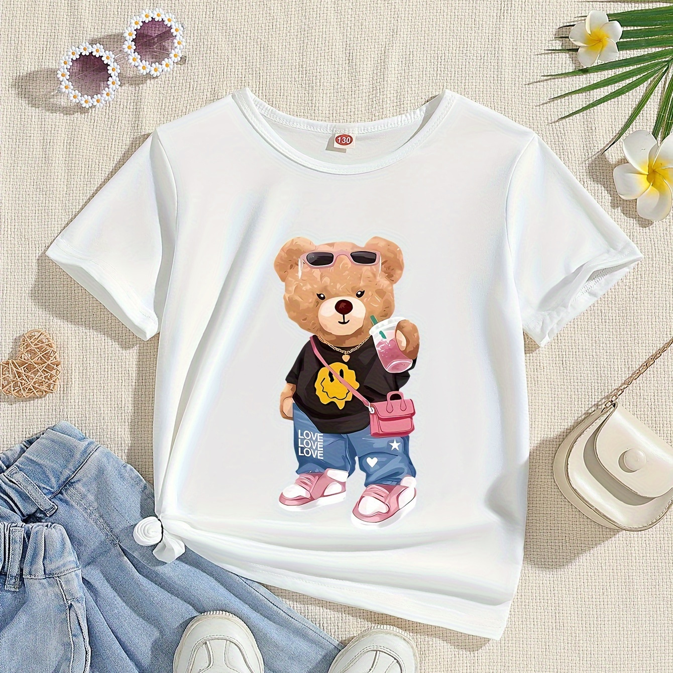 

Girls Cute Cartoon Bear Printed Short Sleeve T-shirt, Round Neck, Summer Casual Knit Top, White Tee For Girls