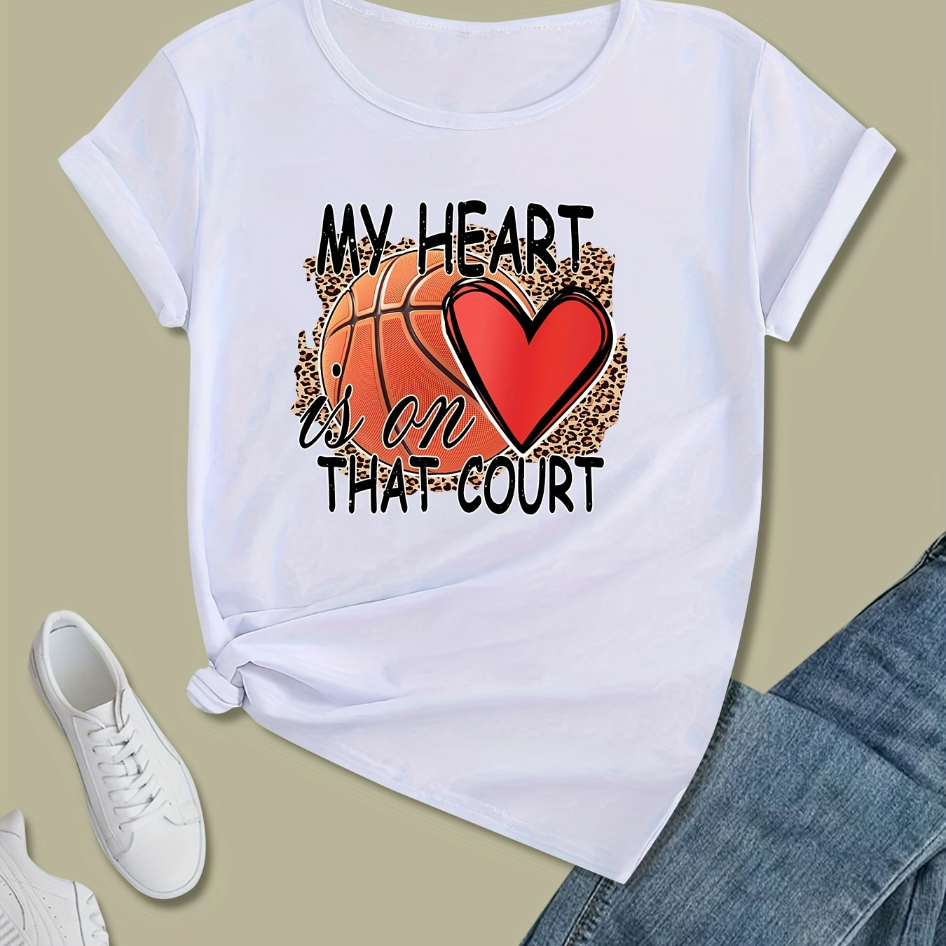 

Plus Size Women's Casual T-shirt With Heart & Basketball Print - Y2k Style, Comfortable Loose Fit, Polyester, Machine Washable, Ideal For Work, Home &