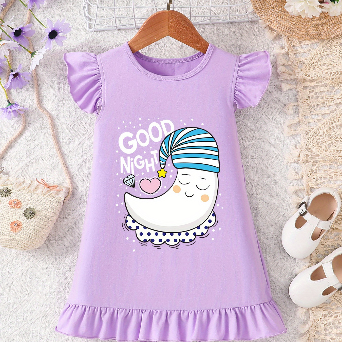 

Good Night & Cartoon Moon Graphic Print, Baby Girls' Casual & Comfy Ruffle Trim Cotton Dress For Spring & Summer, Toddler Girls' Streetwear Clothing, As Gifts