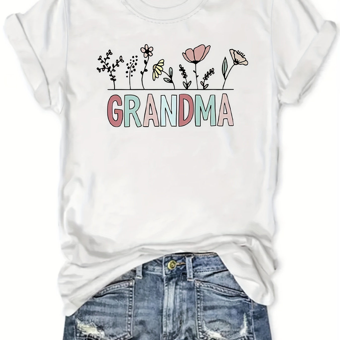 

Floral Print Grandma Crew Neck T-shirt For Women - Casual Polyester Blend Knit Fabric With Slight Stretch, Regular Fit Short Sleeve Tee For All Seasons