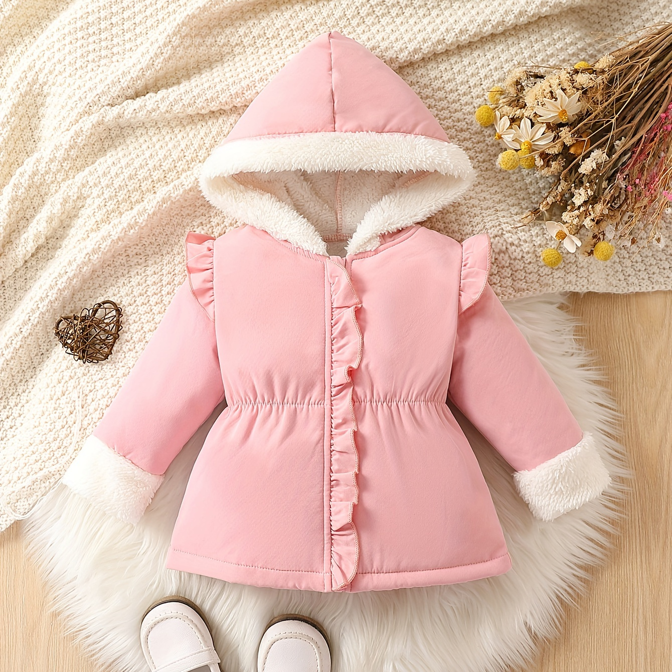 

Veste chaude à capuche en polaire artificielle pour enfant en bas âge, joli manteau d'extérieur à volants, vêtements pour bébé fille pour l'automne et l'hiver