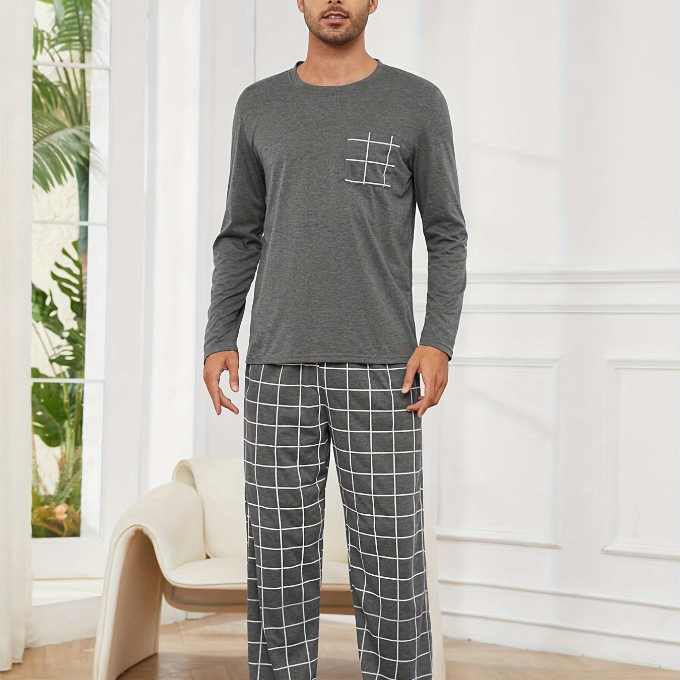 

Men's Grey Long Sleeve Crew Neck Pajama Set With Plaid Pants And Pocket Detail, 100% Polyester Casual Sleepwear Lounge Set With Slight Stretch Fabric - All Season Comfort Fit Knit Pajama Suit