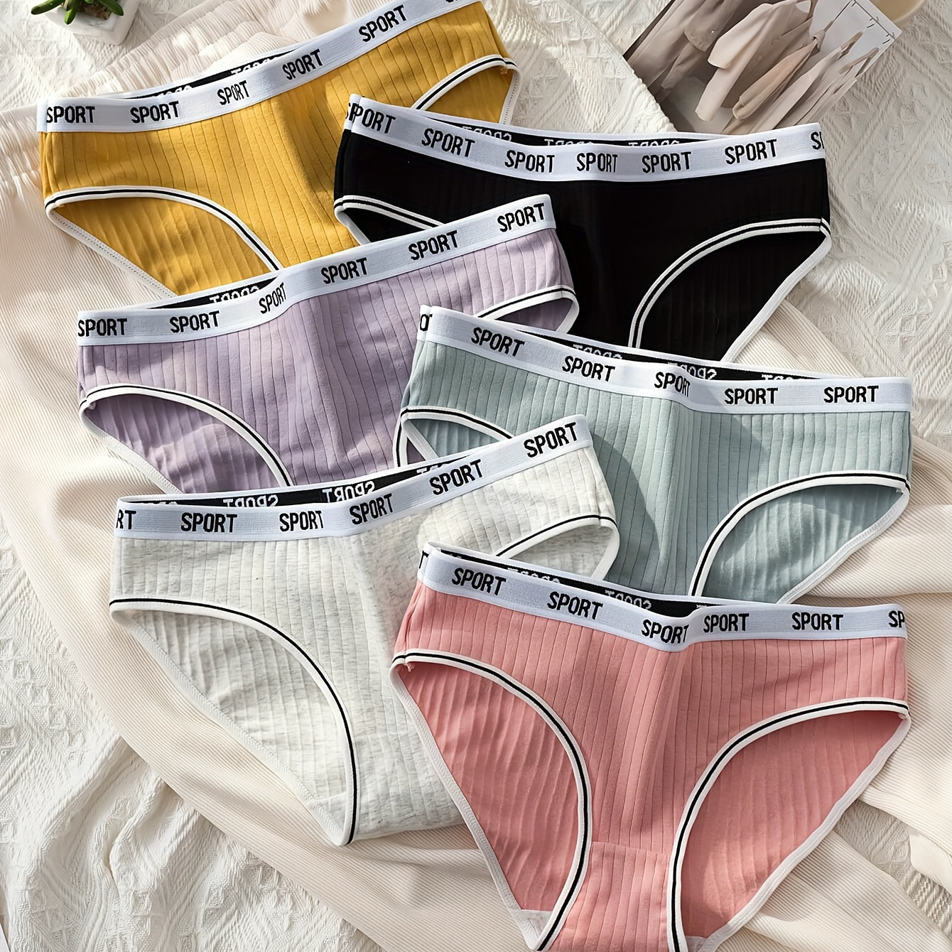 

6pcs Letter Print Contrast Trim Ribbed Briefs, Sexy Comfy Breathable Stretchy Intimates Panties, Women's Lingerie & Underwear