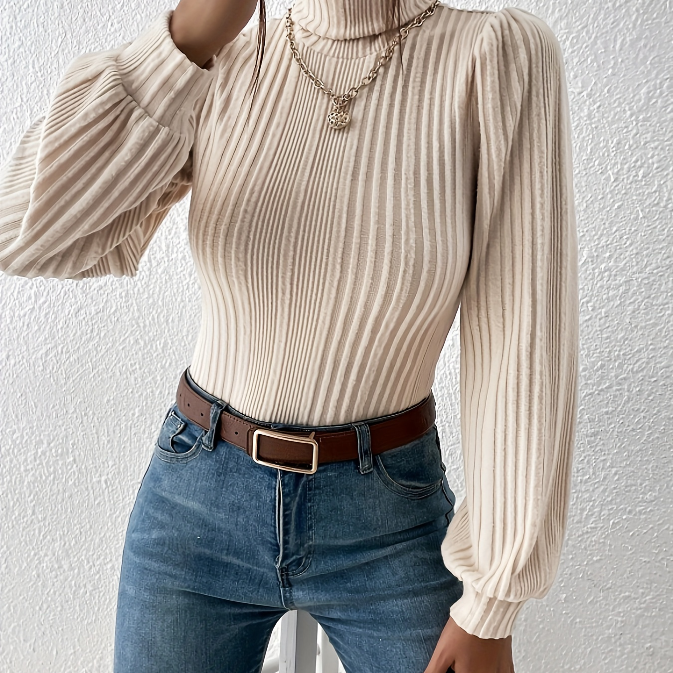 

Solid Ribbed Turtleneck T-shirt, Casual Long Sleeve Top For Spring & Fall, Women's Clothing