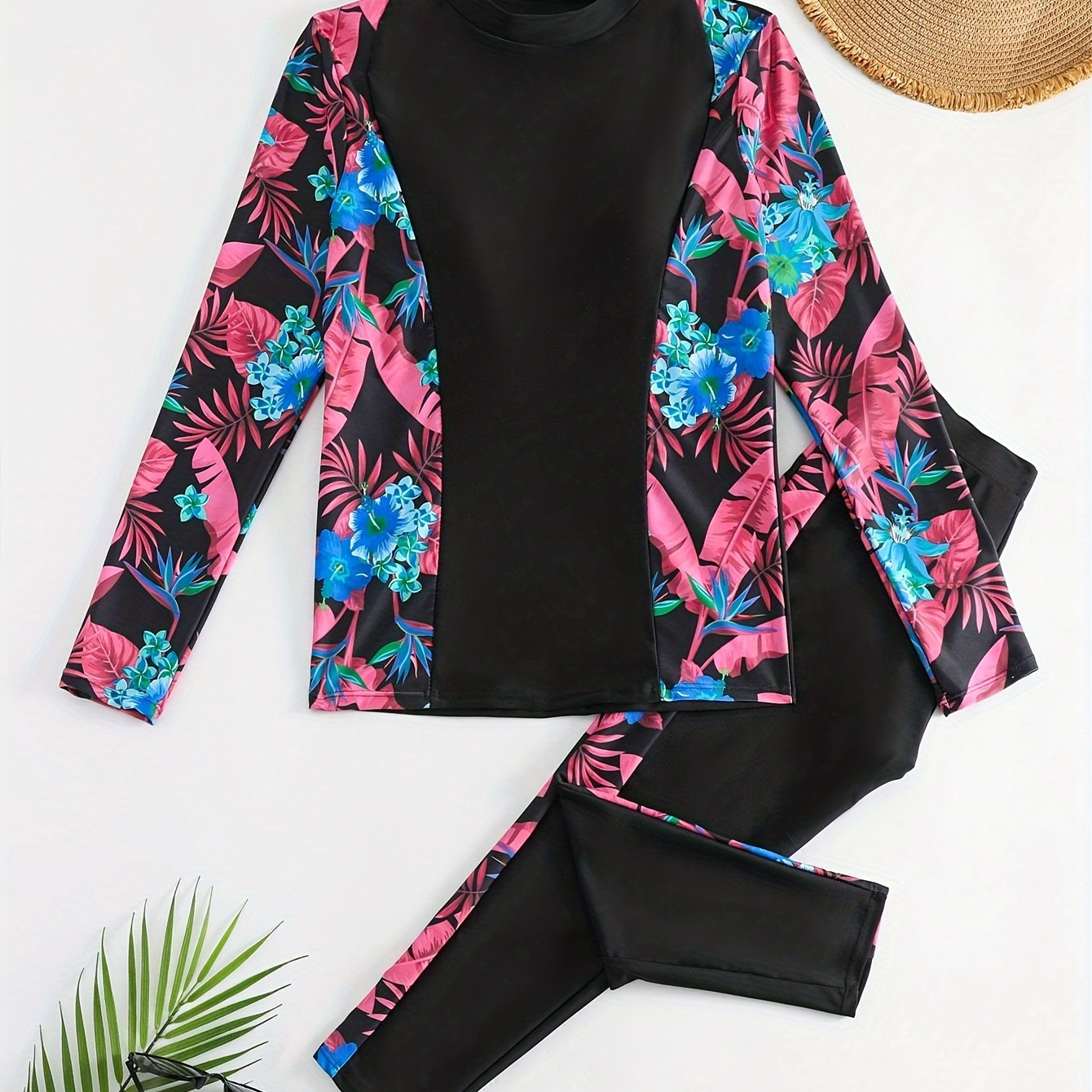

Tropical Print 2 Piece Set Tankini, Round Neck Long Sleeves Contrast Color Top & High Stretch Pant Swimsuits, Women's Swimwear & Clothing