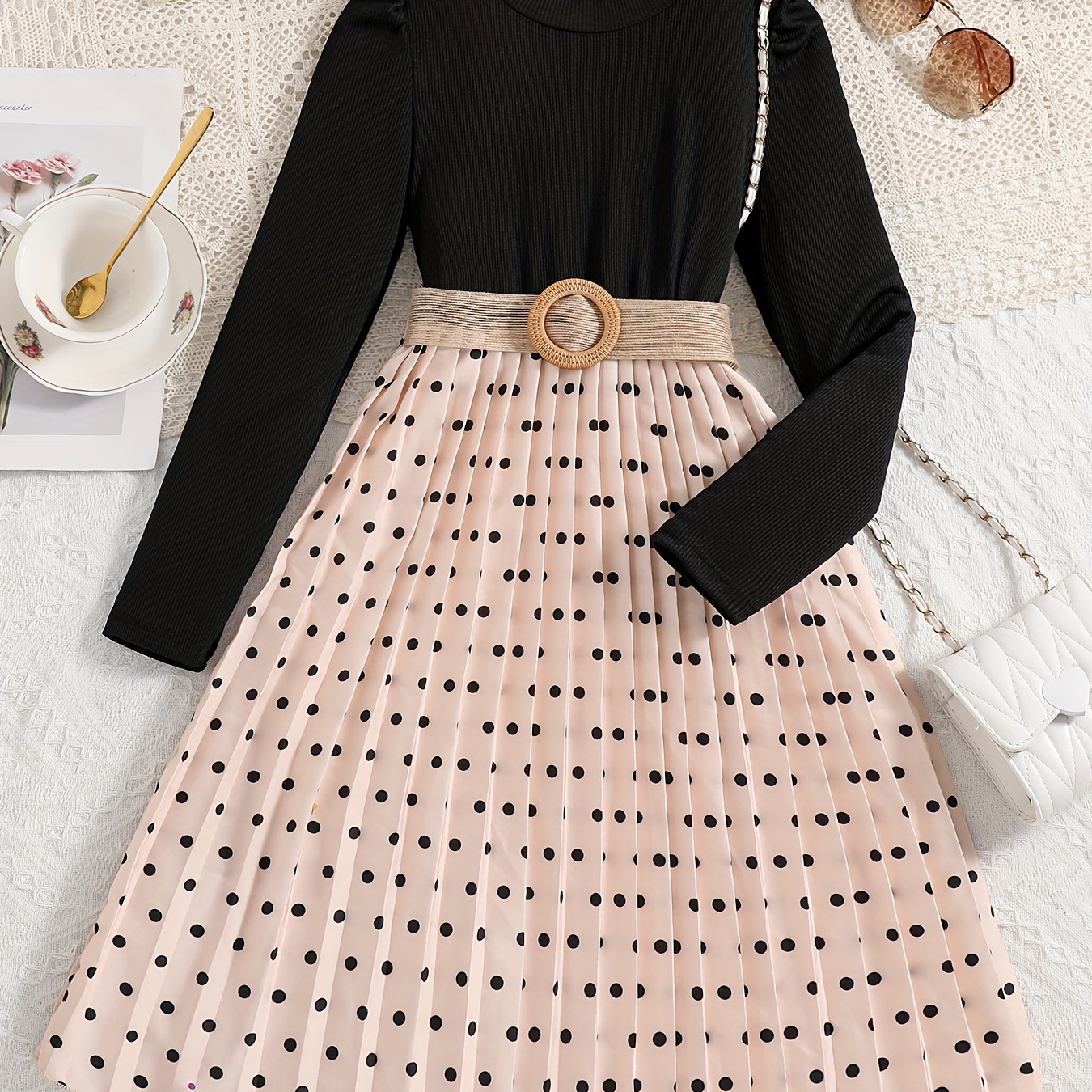 

Girls Casual Splicing Polka Dot Print Long Sleeve Dress With Belt Spring Fall Party Gift (1 Size Up)