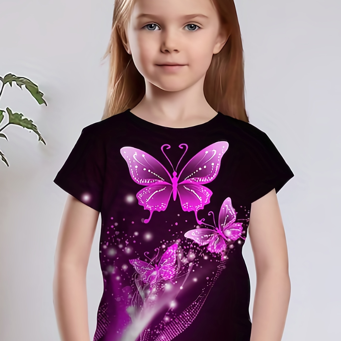 

Purple Butterfly Digital Cartoon Print Girl Creative T Shirt, Regular Fit Short Sleeve Cosy Casual Kids Crew Neck Tops