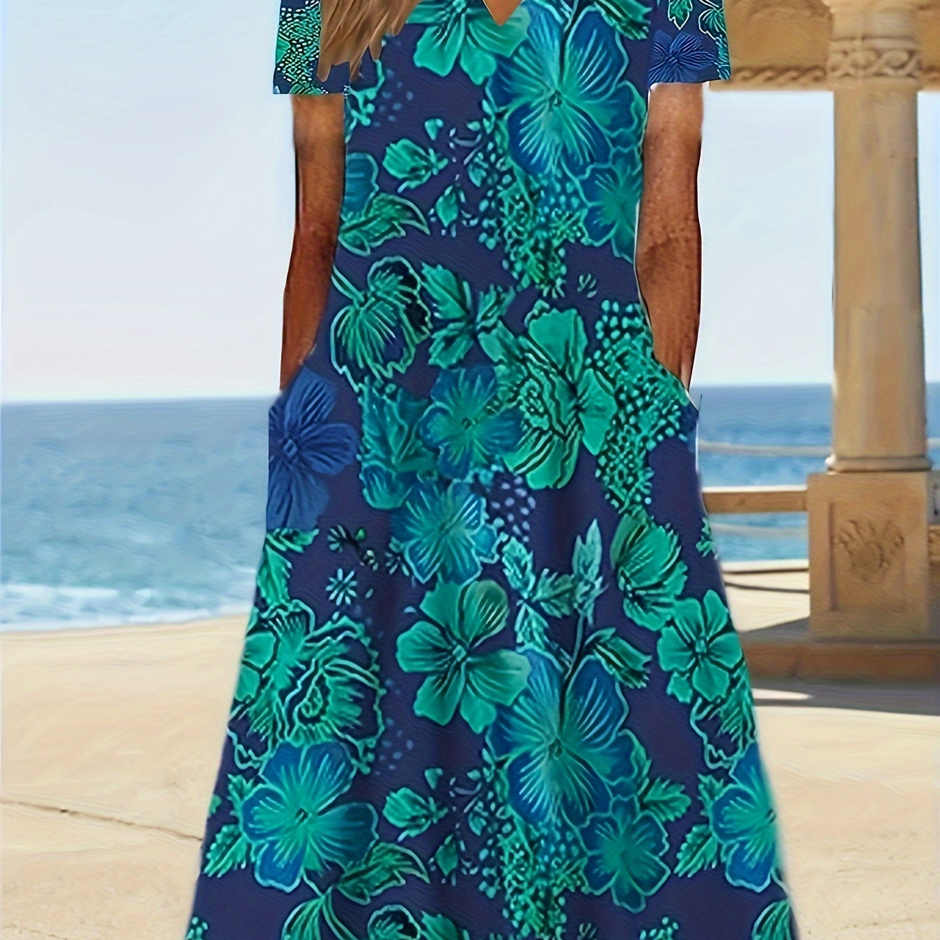 

Robe Décontractée À Encolure En V Imprimée Florale, Style Vacances Robe À Manches Courtes Pour Le Printemps Et L'été, Vêtements Pour Femmes