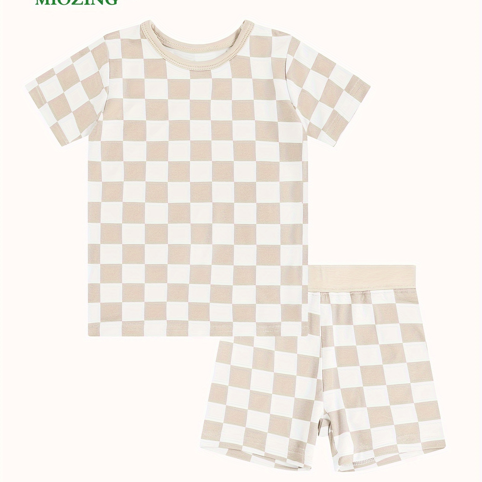 

Miozing Bamboo Fiber 2pcs, Toddler Kid's T-shirt & Comfy Shorts, Light Grey Checkerboard Pattern, Baby Boy's Clothes