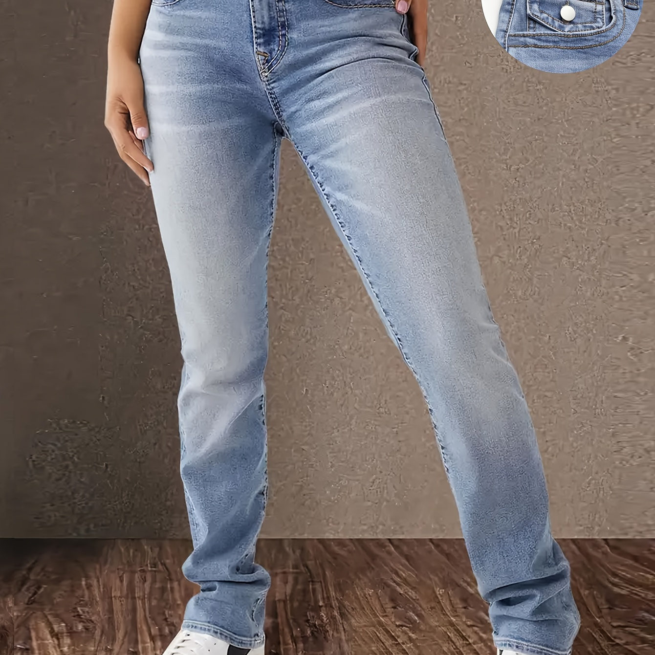 

Women's Casual High-waisted Jeans, Light Blue Denim, Straight Leg Style, Classic Design Double Buttons Whiskering
