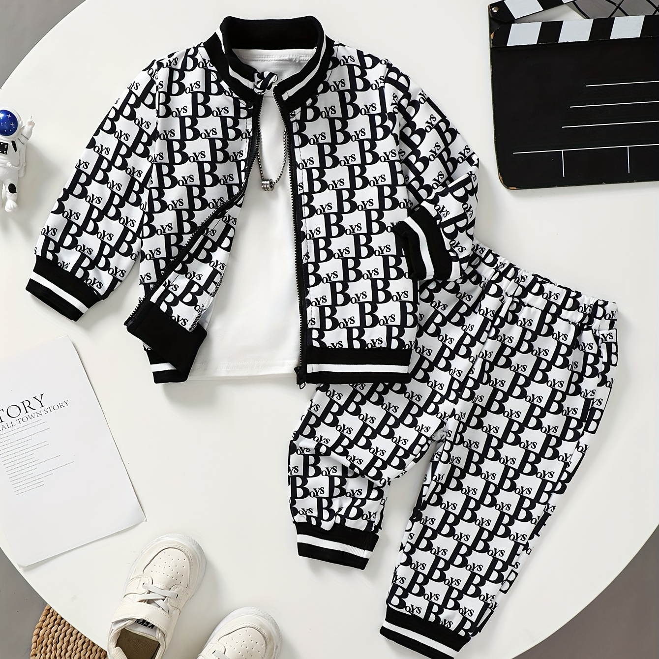 

Baby Boys Trendy Pattern Long Sleeve Stand Collar Zipper Coat & Pants Set, 2pcs Toddlers Casual Fall Winter Outfit