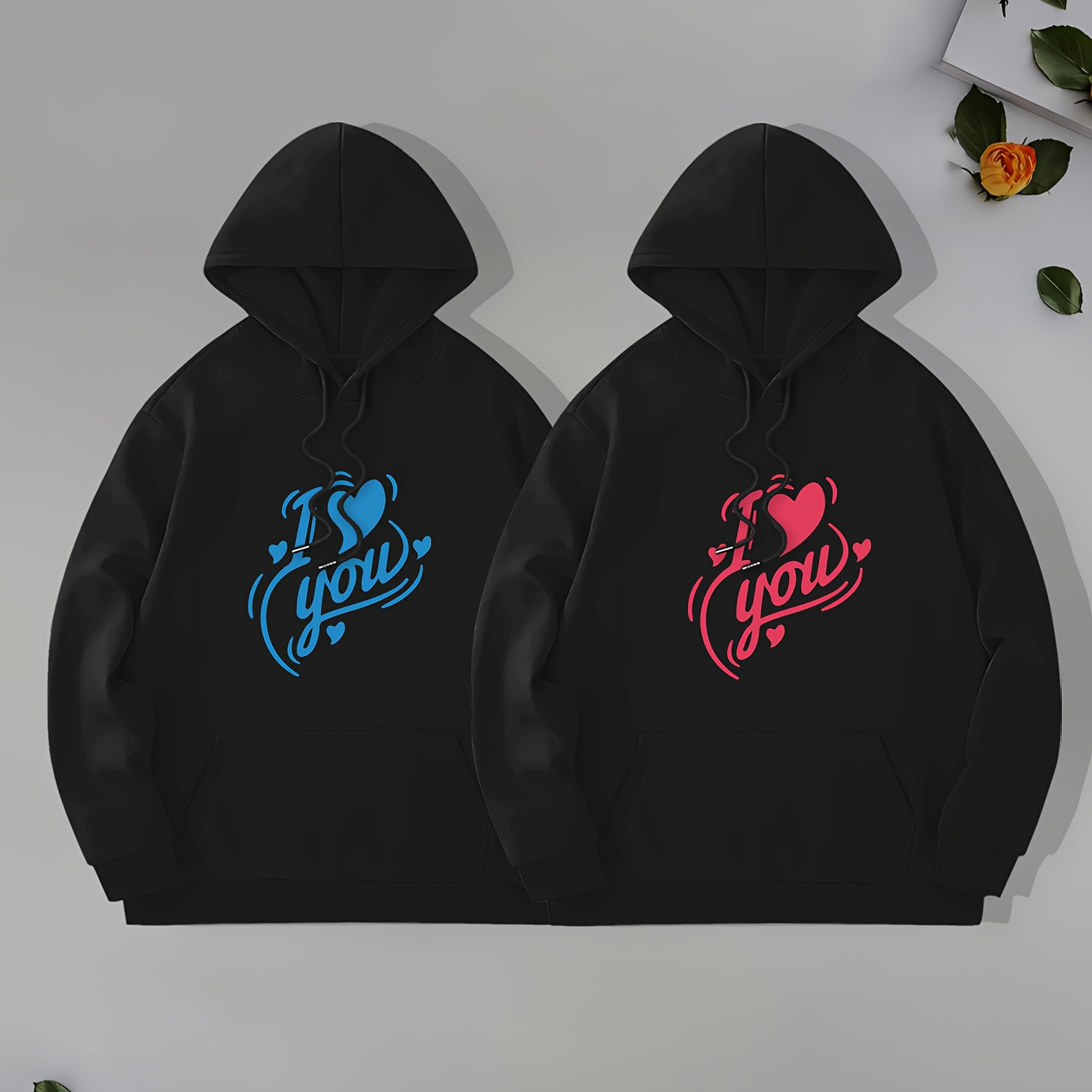 

I Love You Lover's Print Men's Pullover Round Neck Hoodies With Kangaroo Pocket Long Sleeve Hooded Sweatshirt Loose Casual Top For Autumn Winter Men's Clothing As Gifts