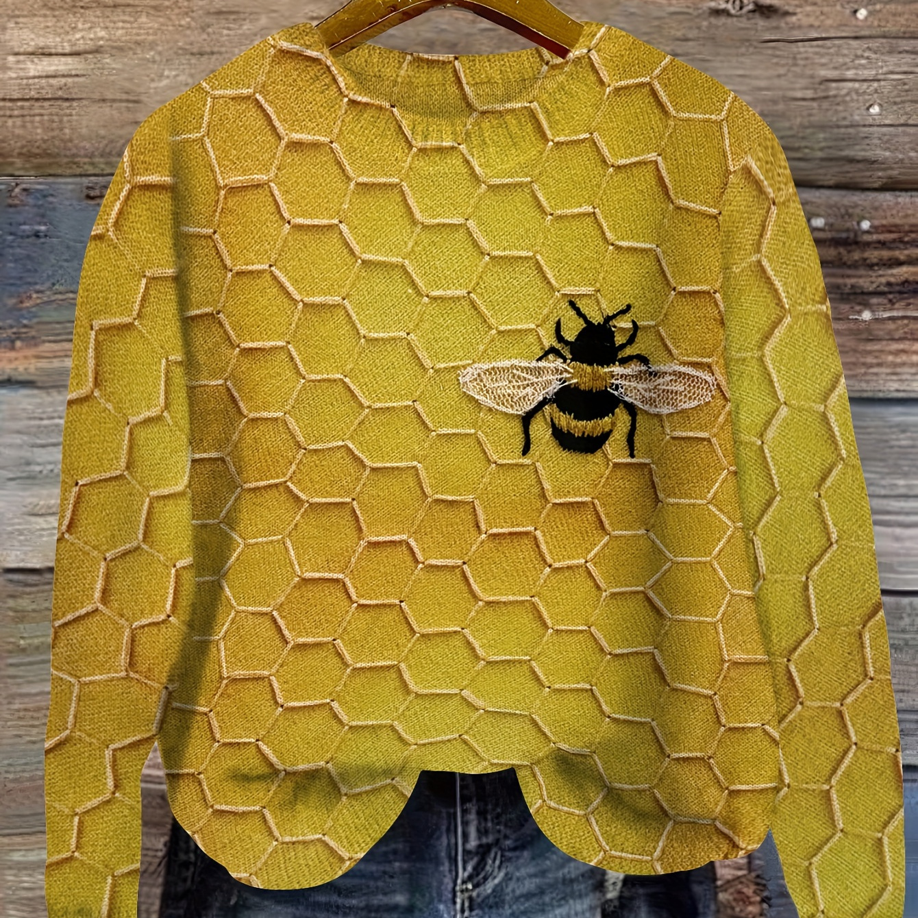 

Bee Print Crew Neck Sweater, Casual Long Sleeve Thin Knit Top For Spring & Fall, Women's Clothing