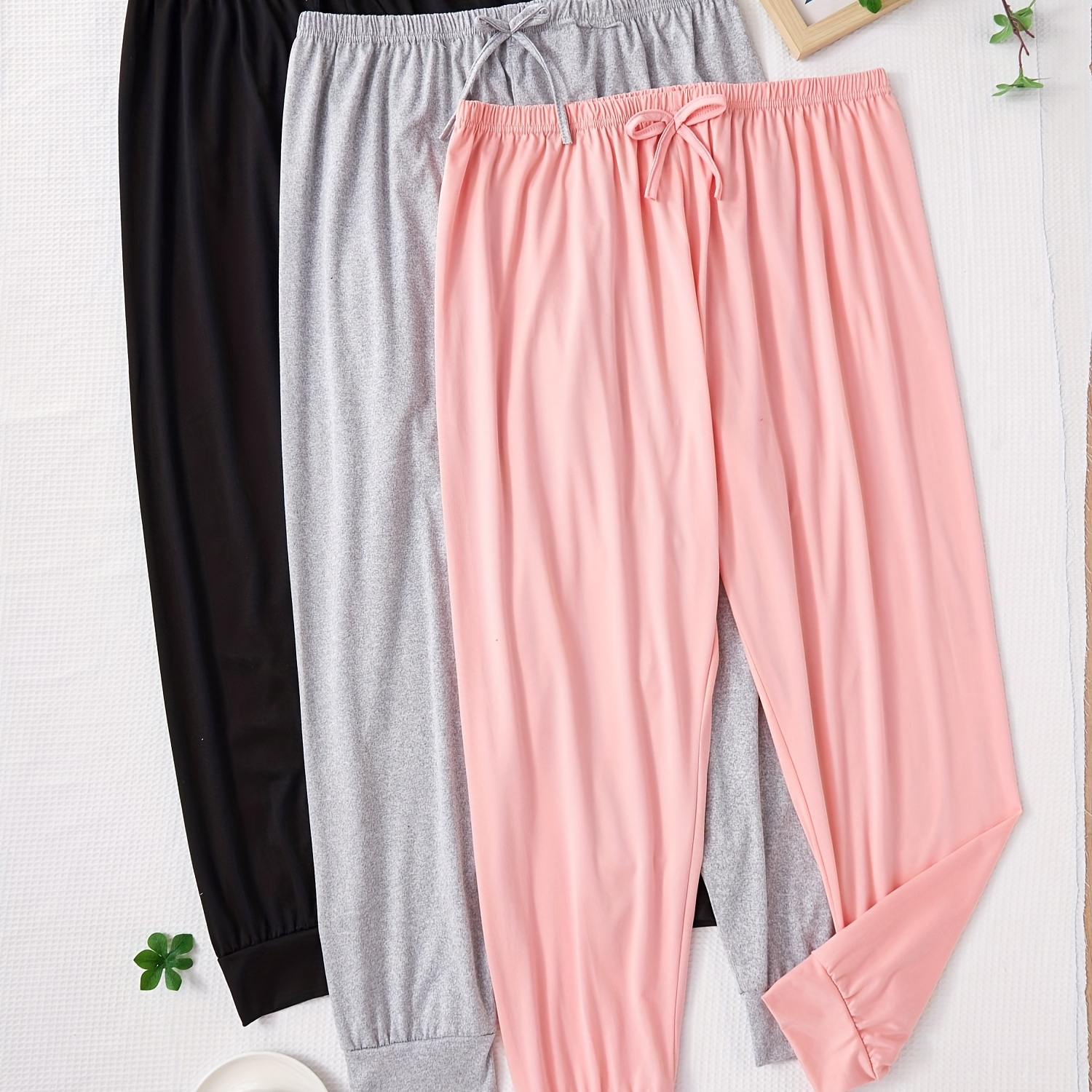 

3pcs Plus Size Women' Pants With Bow Detail - Cozy Polyester Blend, Solid Color Sleepwear Trousers, Elastic Waistband, , Plus Size Pants