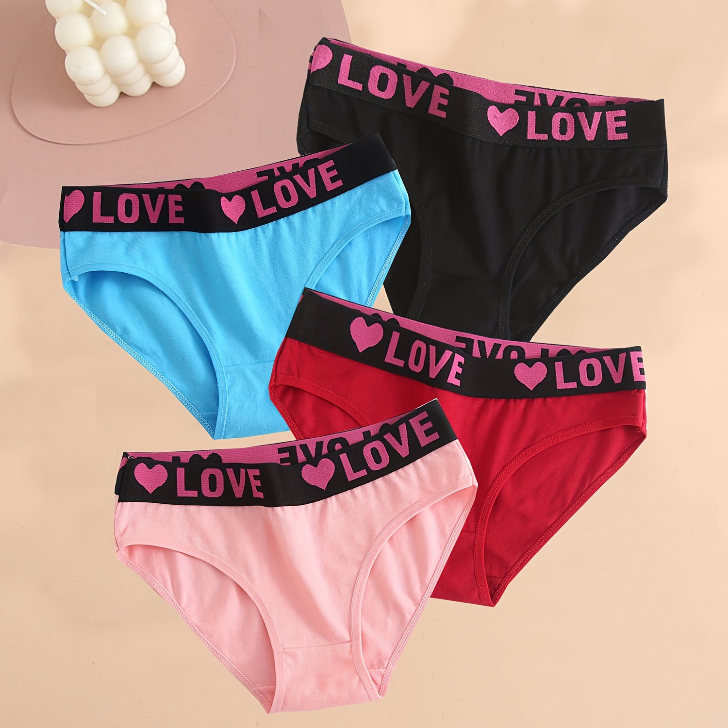 

4pcs Valentine's Day Heart & Letter Print Sporty Briefs, Comfy Breathable Stretchy Intimates Panties, Women's Lingerie & Underwear